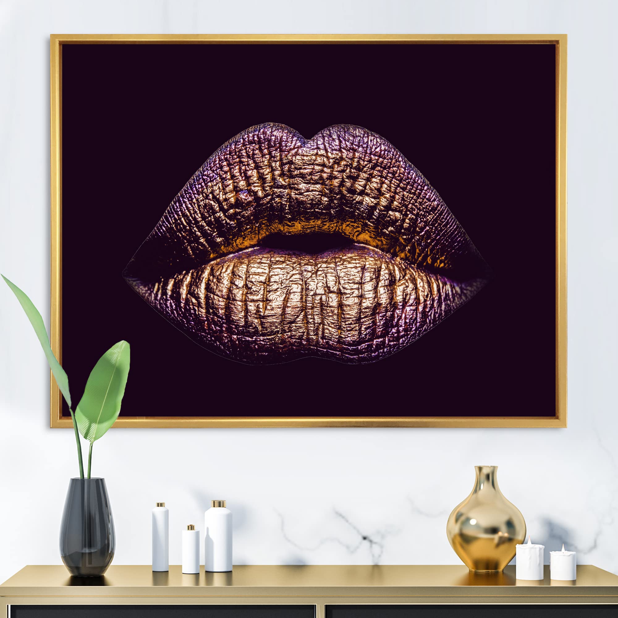 DesignQ Sexy Golden Metallized Female Lips III - Modern Framed Canvas Wall Art Print for Living Room, Bedroom & Office Decor