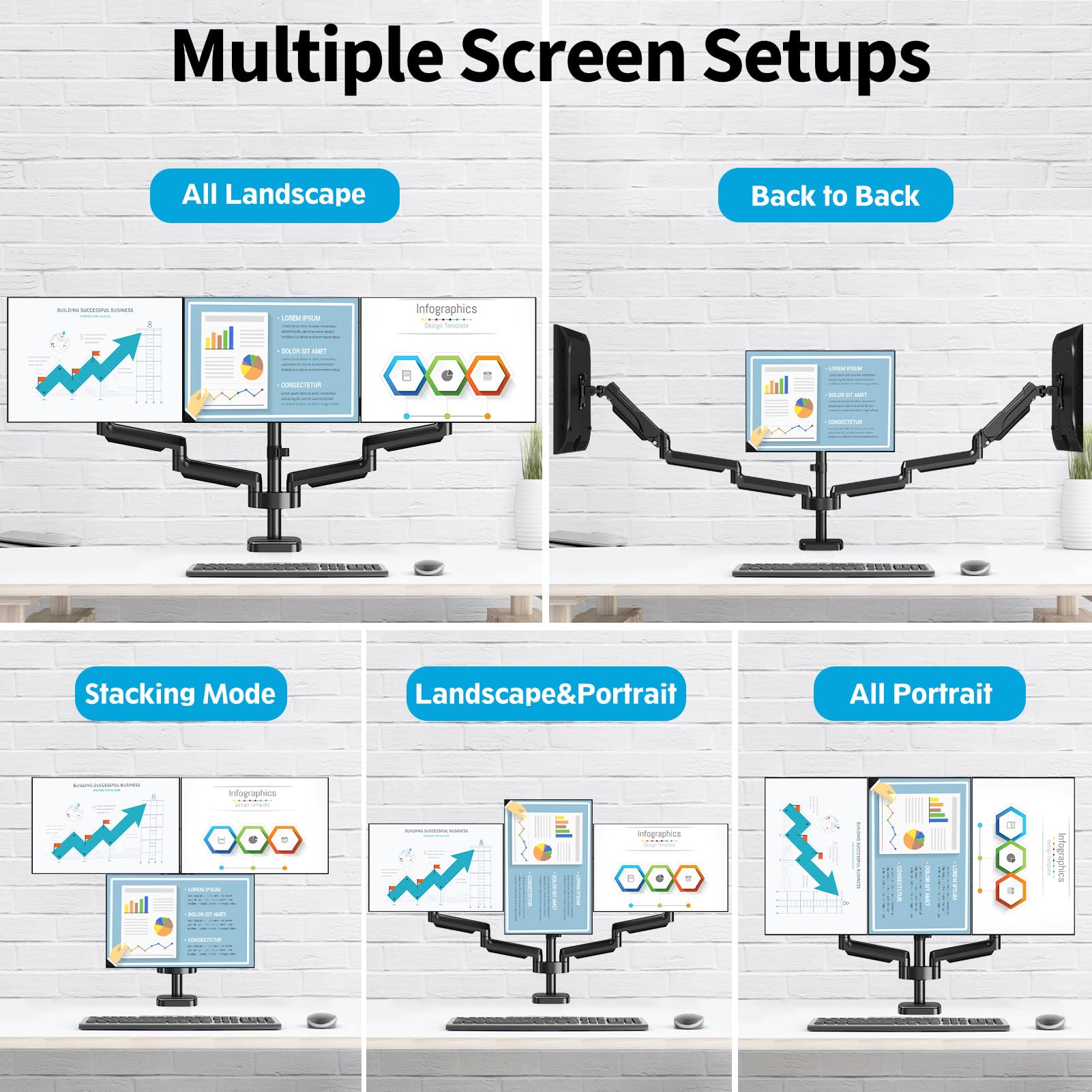 MOUNTUP Triple Monitor Stand for 17-32 Inch Screens - Full Motion Adjustable Gas Spring 3-Arm Desk Mount (Holds 19.8 lbs Each) with Clamp & Grommet Mounting - Black - Perfect for Gaming, Office Work & Multi-Tasking Setup