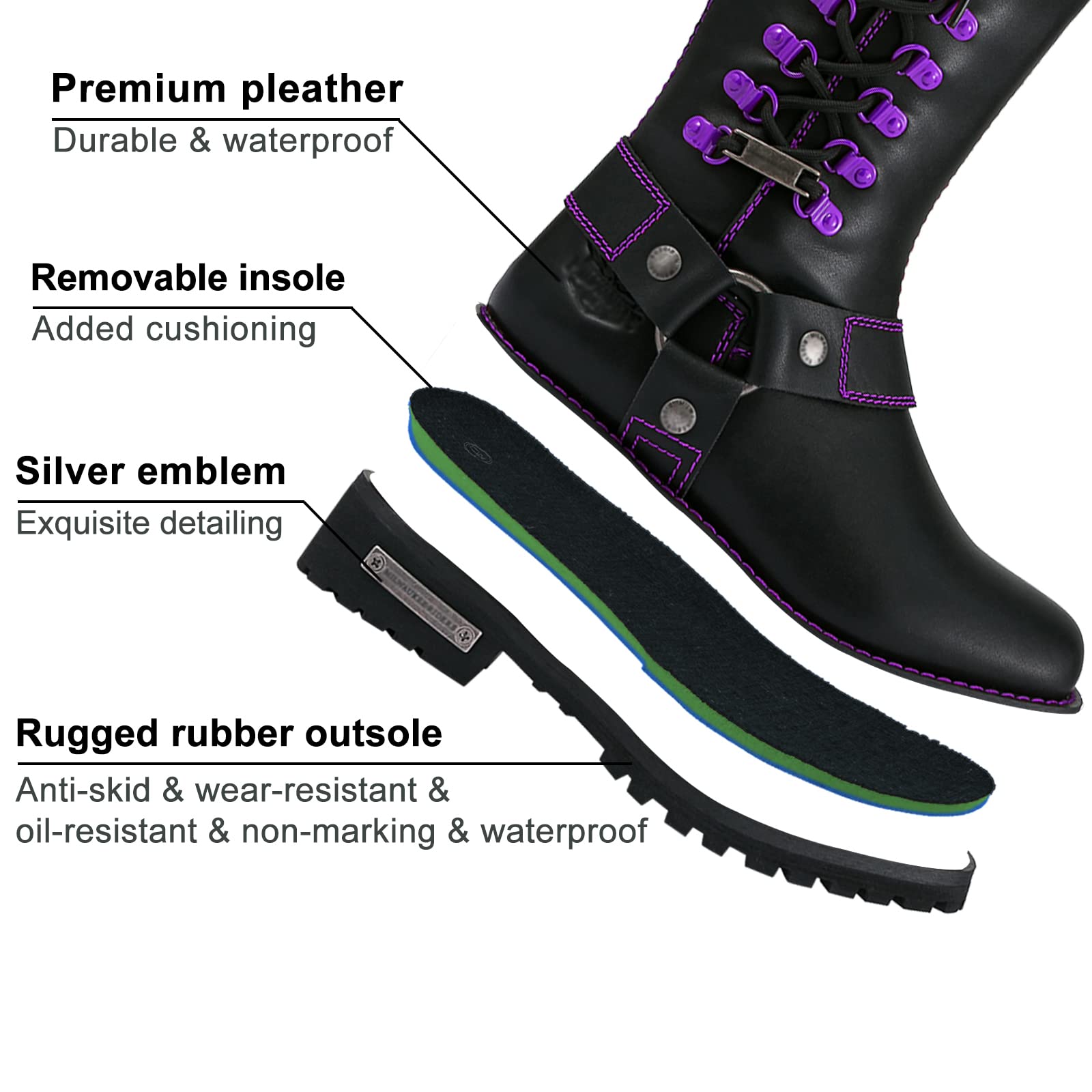Dream Apparel Women's Motorcycle Riding Boots - Square Toe Biker Boots, Knee High Lace Up Boots with Side Zipper, Black PU Leather Boots for Women - Perfect for Motorcycle Riding, Biker Fashion & Outdoor Adventures