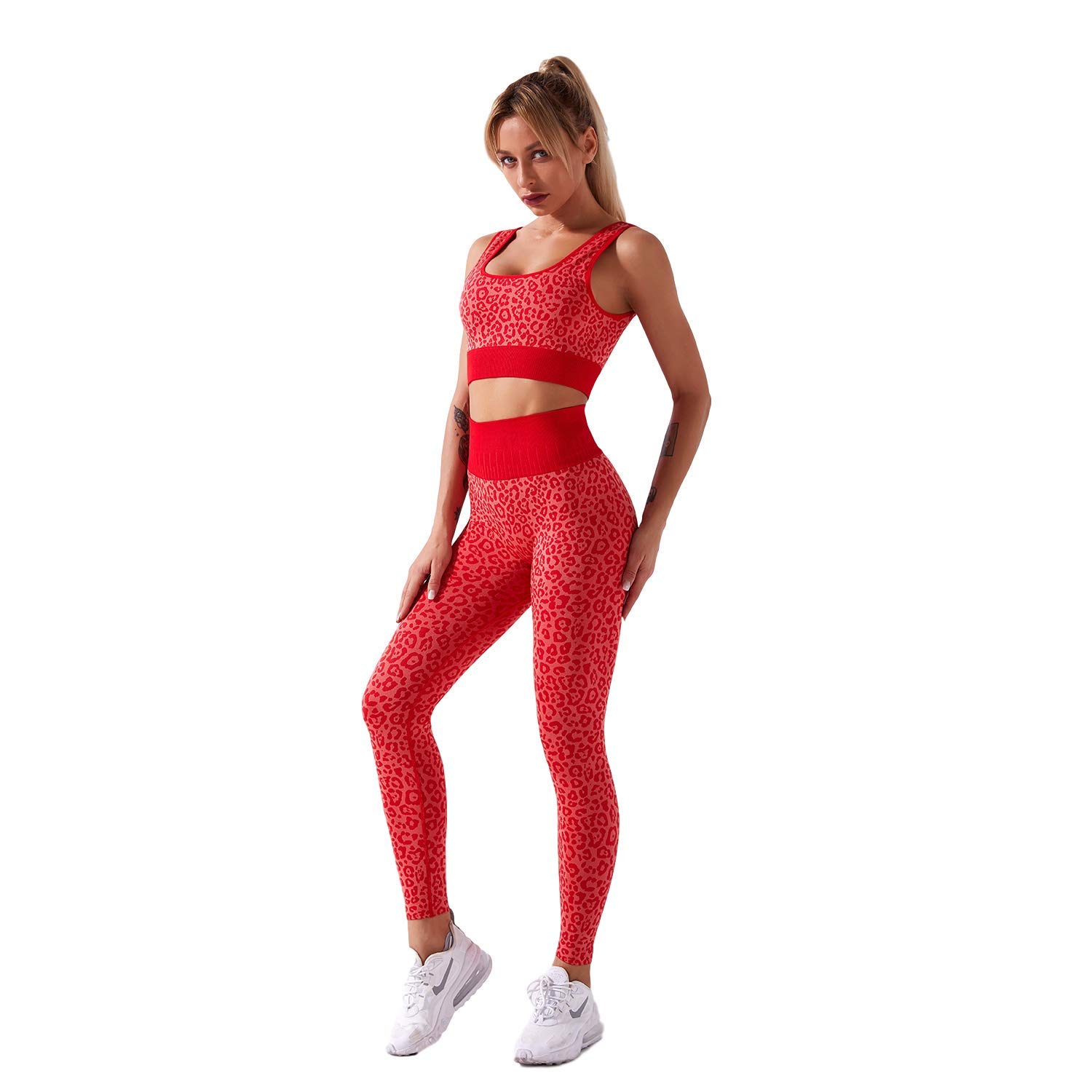 Women's 2-Piece Seamless Leopard Print Workout Set - High Waist Yoga Leggings & Sports Bra - Gym Clothes for Running, Fitness & Yoga