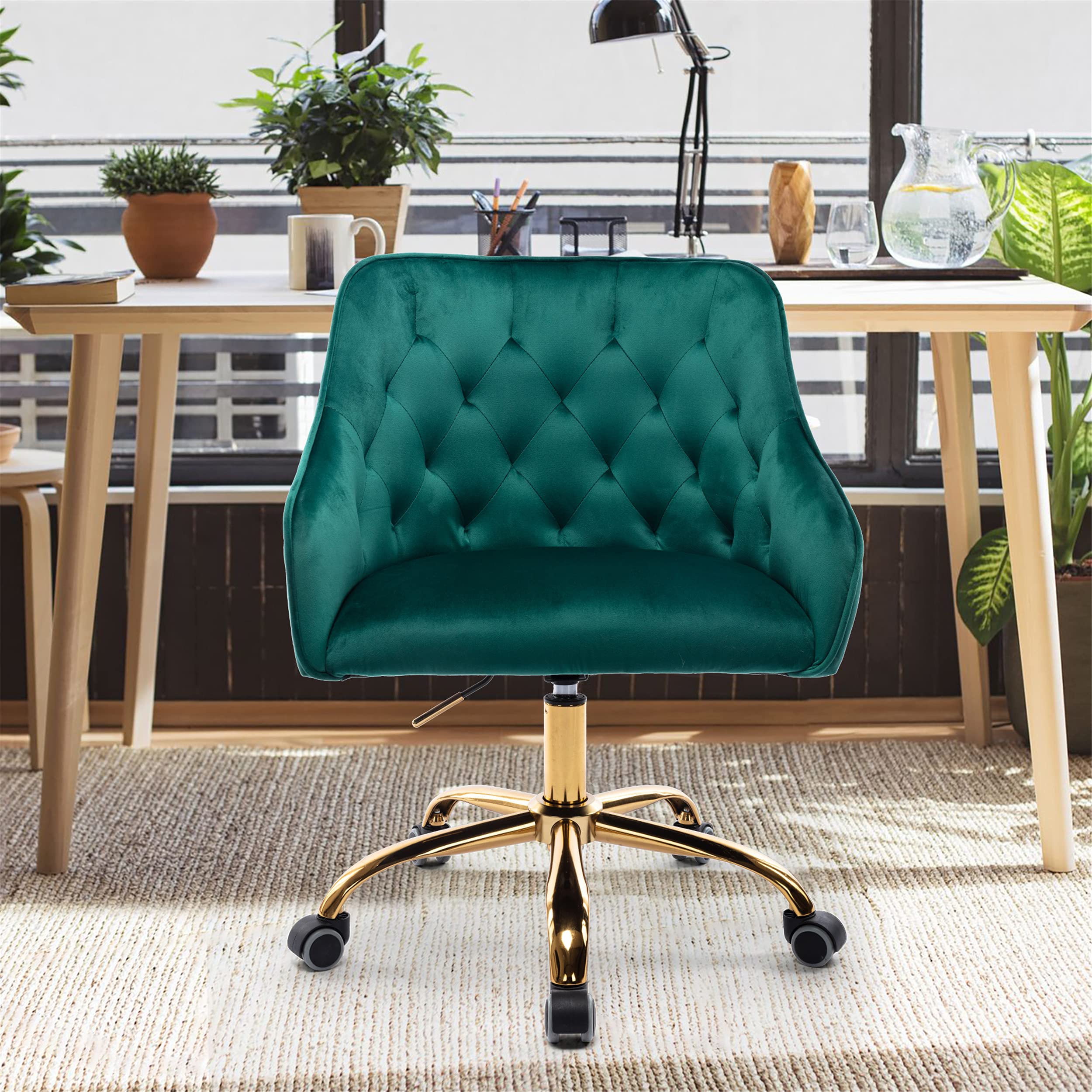 SSLine Velvet Office Chair - Modern Home Office Desk Chair with Gold Metal Legs, Adjustable Swivel Armchair for Work & Study - Perfect Task Chair for Office, Living Room, Bedroom (Green) - Ideal for Remote Work, Gaming & Home Decor