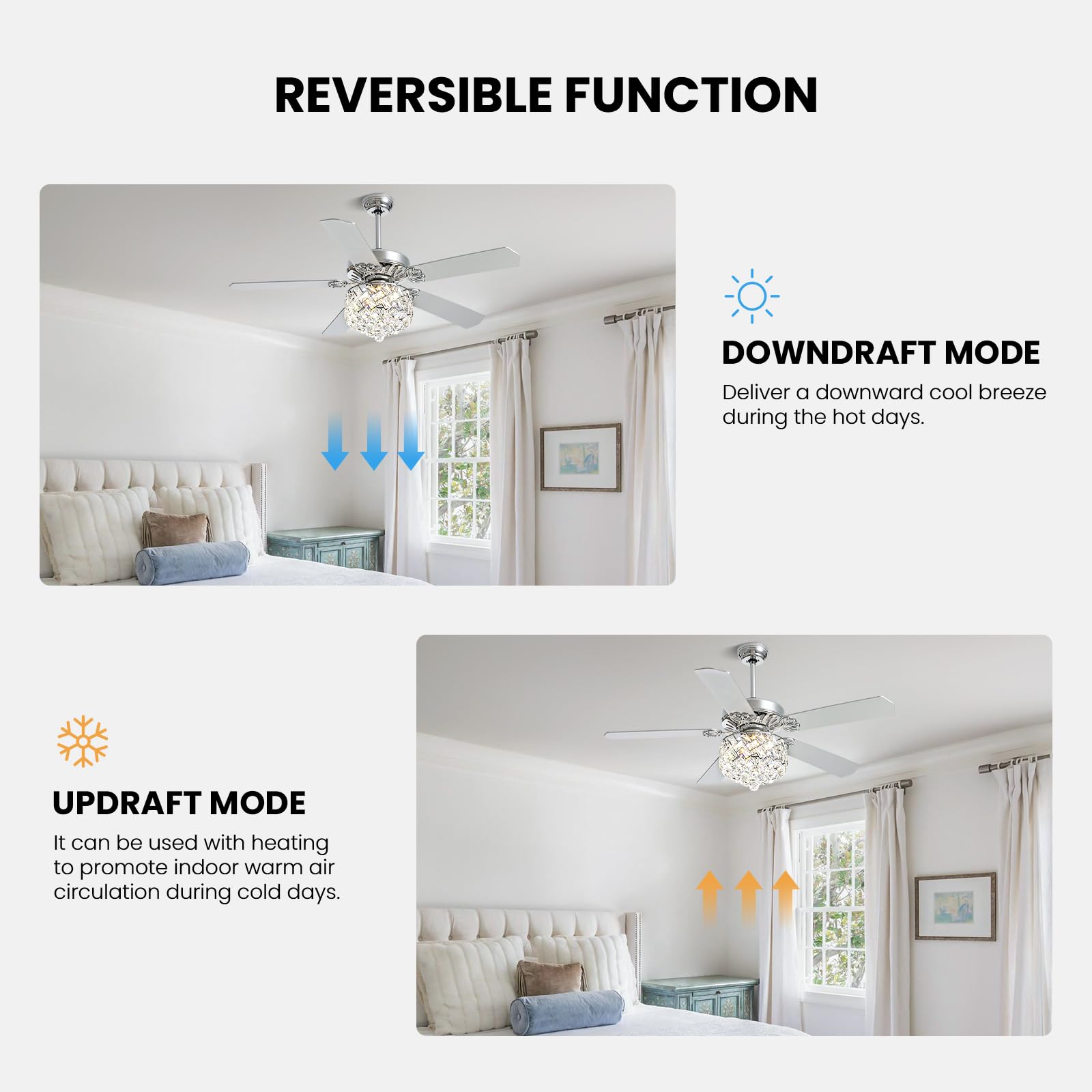 CROSSIO 52 Inch Modern Crystal Ceiling Fan with Dimmable LED Light - Remote Control Reversible Chandelier Fan for Bedroom, Living Room & Dining Room - Chrome Finish - Energy Efficient Cooling & Stylish Home Decor