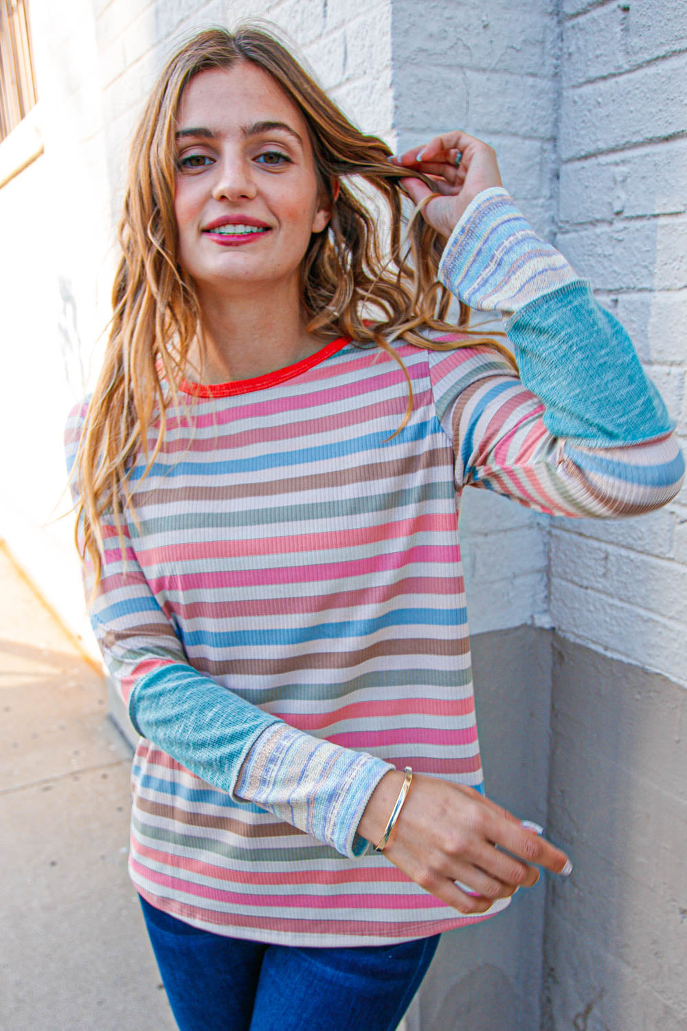 Coral Taupe Striped Ribbed Knit Top with Side Seam Detail - Casual Chic Blouse for Women, Perfect for Office, Date Night & Weekend Outings