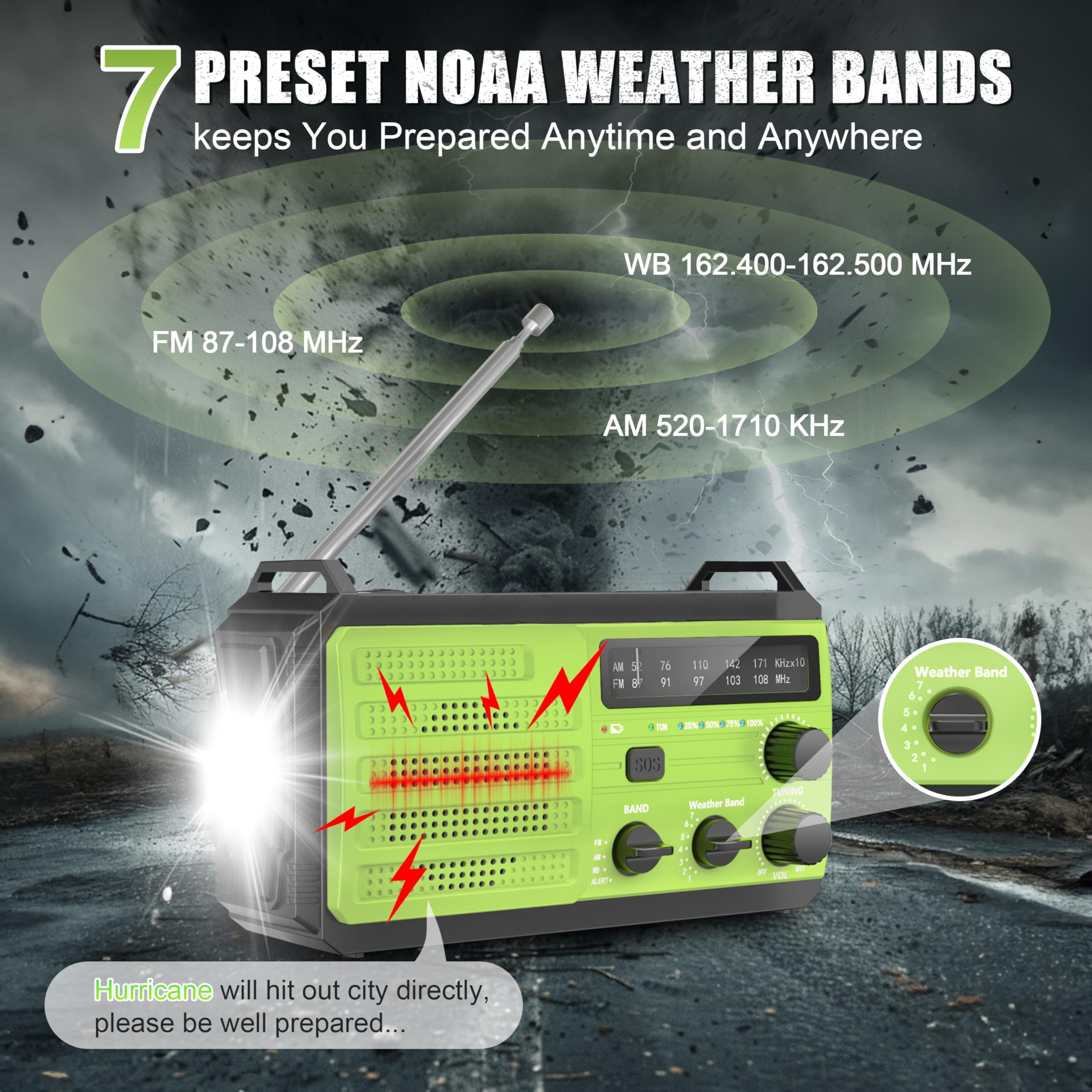 NOAA Emergency Weather Radio with AM/FM/NOAA Alerts - 8000mAh Solar & Hand Crank Power Bank, USB Charger, Flashlight, Reading Lamp & SOS Alarm - Portable Survival Radio for Hurricanes, Camping, Hiking & Home Emergencies