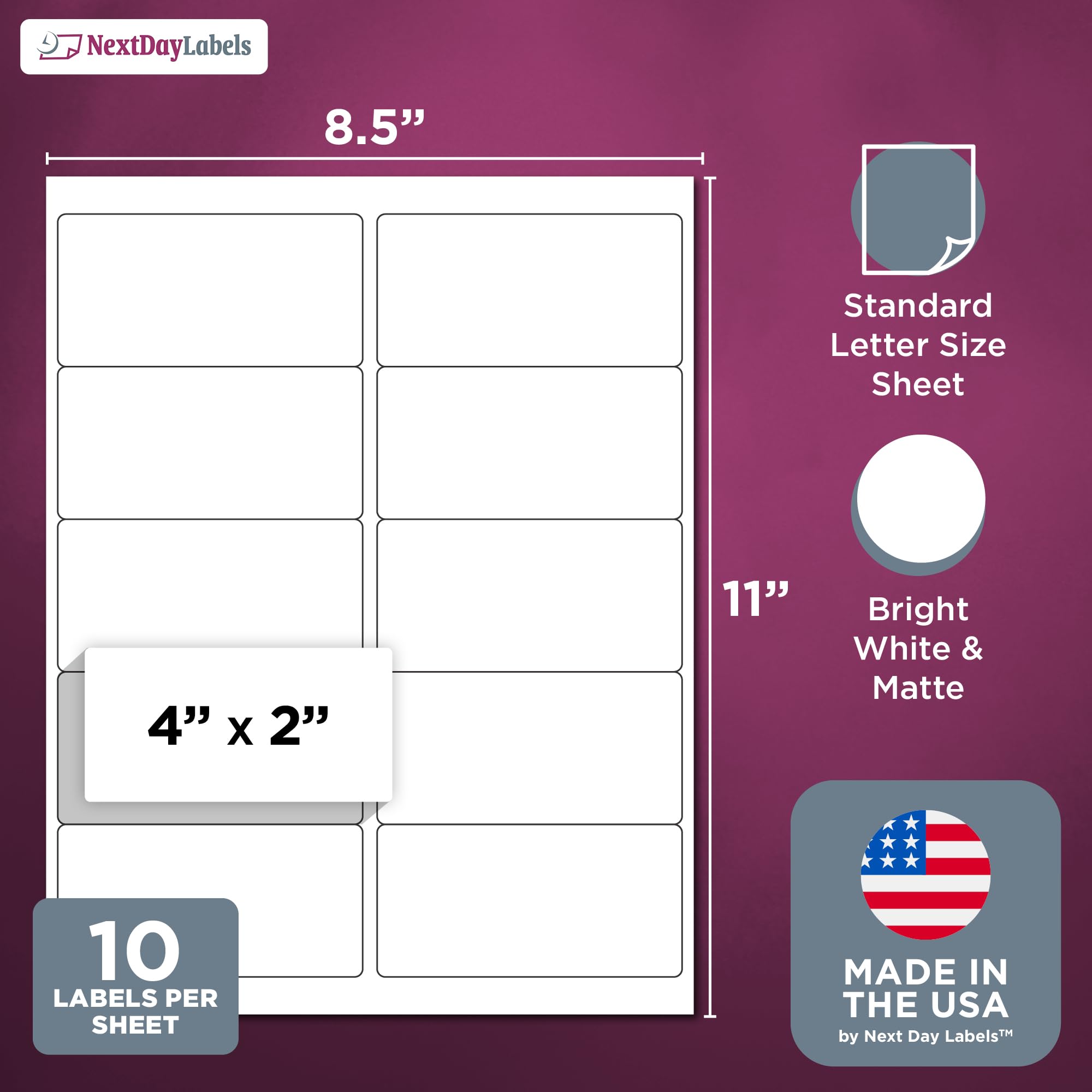 NextDayLabels – 4” x 2” White Rectangular Sticker Labels for Laser/Inkjet Printer - 500 Pack Shipping Labels, Return Address Labels (50 Sheets, 10 Per Sheet) - Perfect for Mailing, Packaging & Organizing