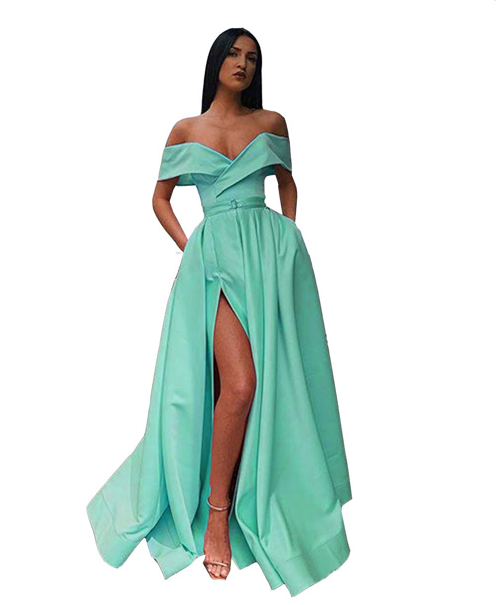 Emanni Women's Off Shoulder Long Side Slit Satin Prom Dress - A-Line Evening Gown for Formal Parties, Weddings & Special Occasions - Mint Green