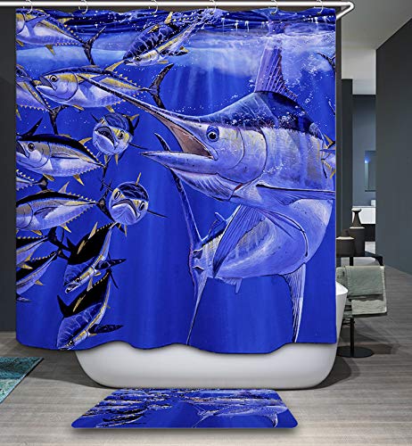 Blue Fish Shower Curtain - Waterproof Fabric Bath Curtain with 12 Hooks, Underwater Sailfish Watercolor Design, 48 x 72 Inch - Modern Bathroom Decor for Coastal & Nautical Themed Homes