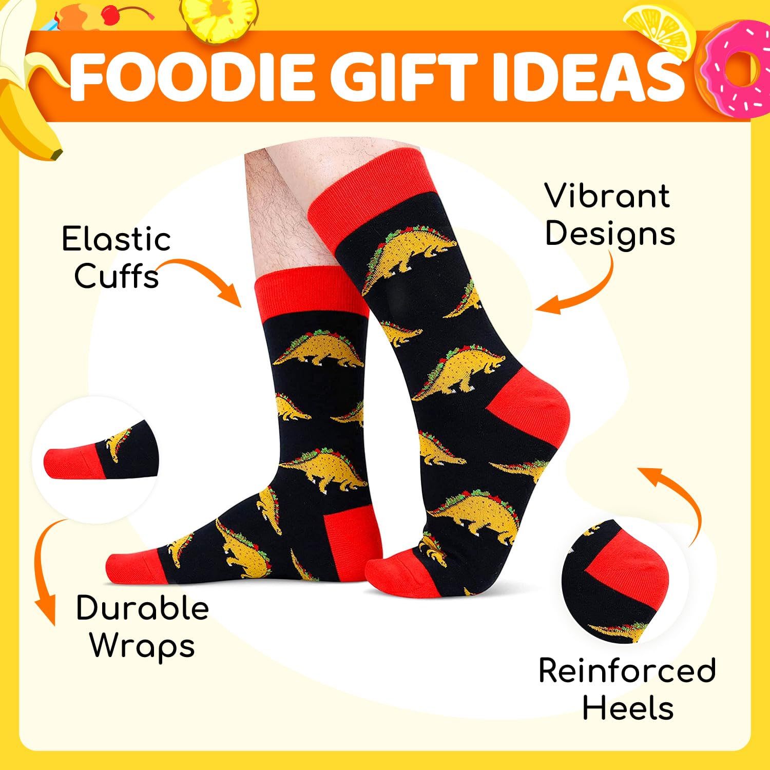 Zmart Men's Pineapple Taco Tacosaurus Socks - Funny Novelty Socks for Gifts, Comfortable & Silly Crew Socks for Taco Lovers - Perfect for Costume Parties, Gag Gifts & Everyday Wear