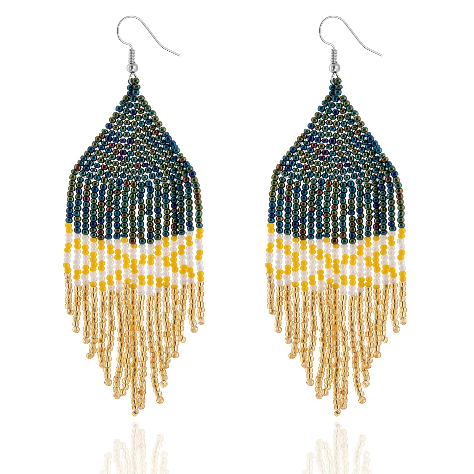Handmade Boho Native Beaded Tassel Earrings - Seed Bead Statement Fringe Drop Dangle Earrings for Women | Perfect for Festivals, Parties and Bohemian Fashion