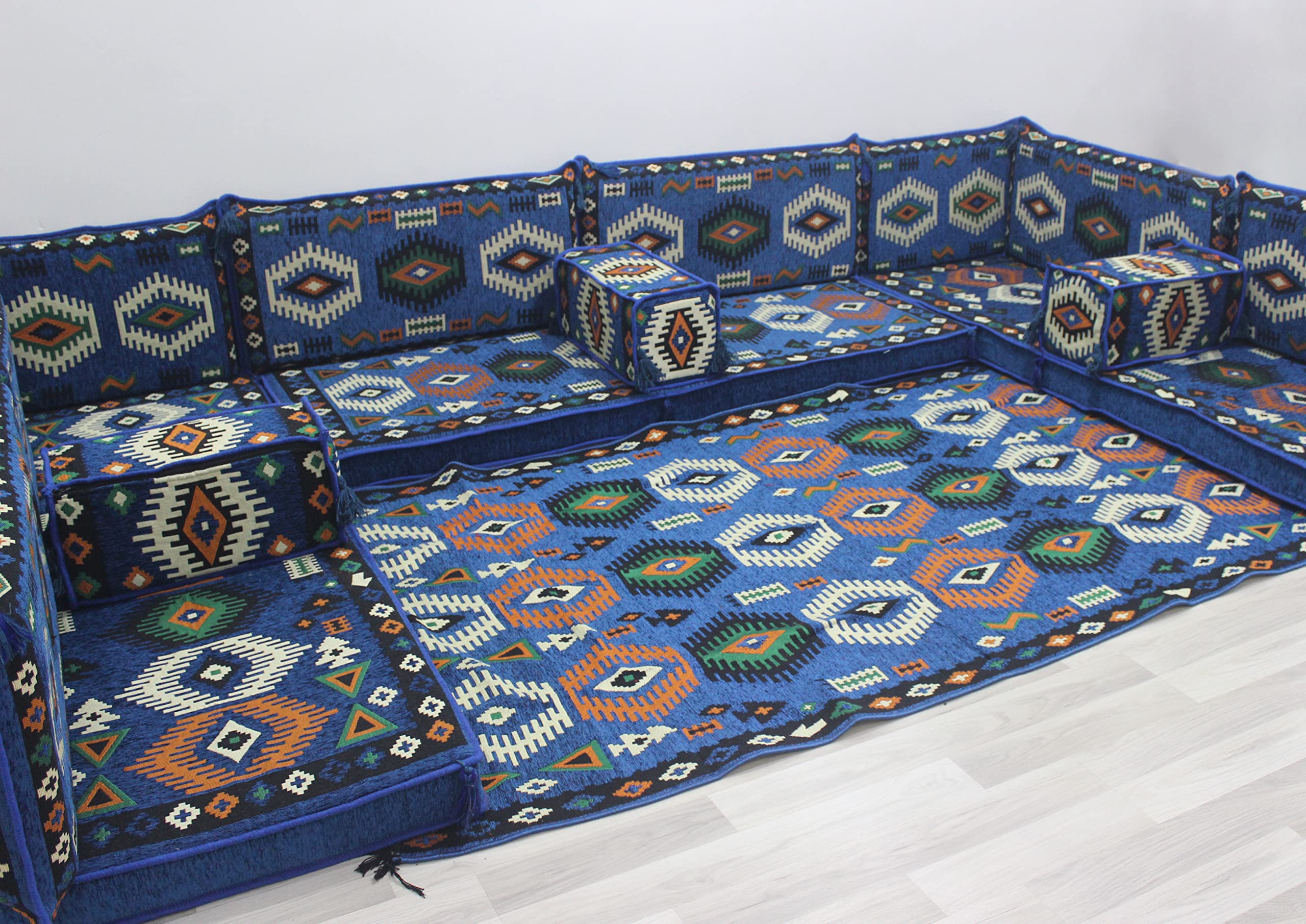 Royal Blue Large Floor Cushions - Premium Oriental Sofa Covers & Traditional Arabic Seating Pillows with Turkish Rug Set (U-Shaped Sofa + Rug) for Boho Living Room, Meditation Space & Middle Eastern Home Decor