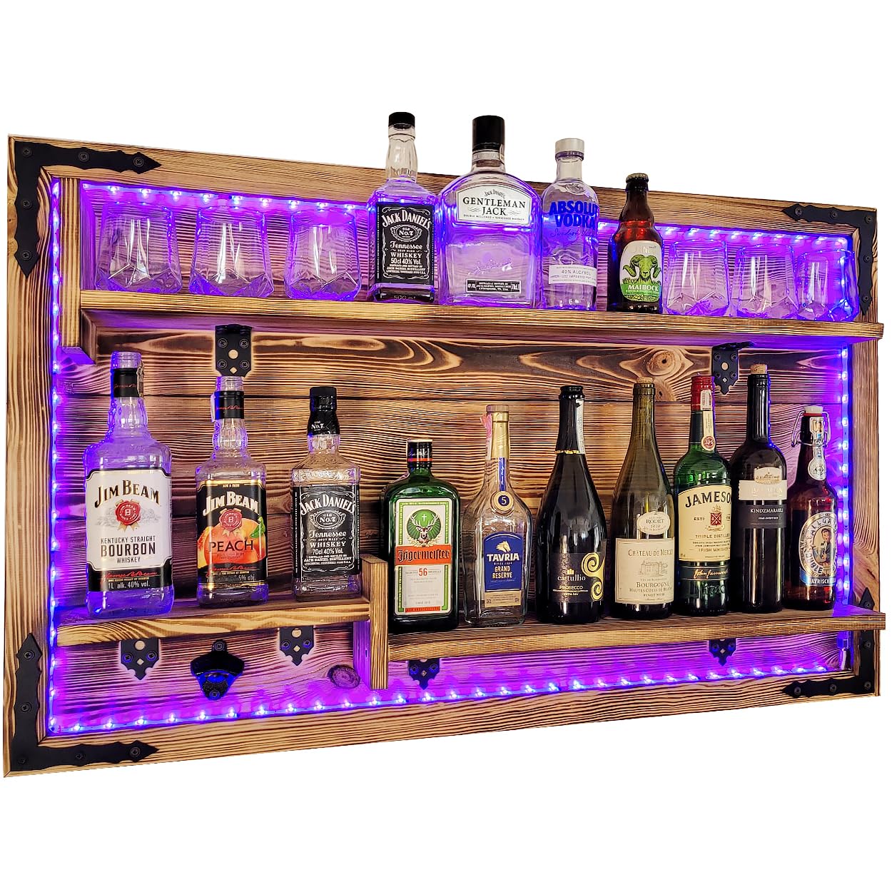 Rustic Wall-Mounted Floating Shelf in Brown Wenge - RGB LED Bar Shelf for Whiskey, Gin, Vodka Display - Perfect for Home Bar, Pub Decor & Rustic Wall Organization