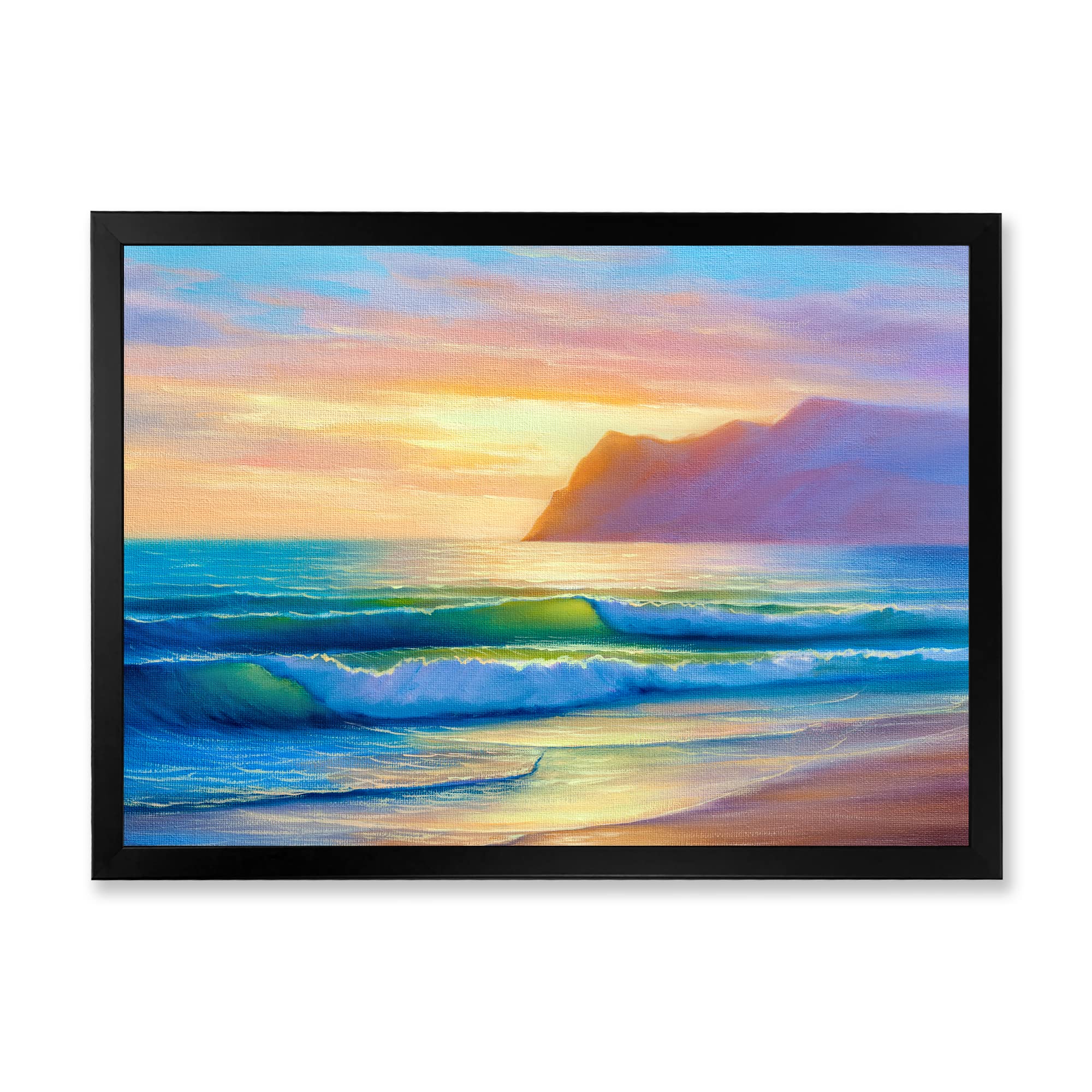 DesignQ Morning Sunlight On The Sea Waves IV - Coastal Framed Wall Art Painting for Living Room, Bedroom & Office Decor | Nautical Beach Theme Home Decoration