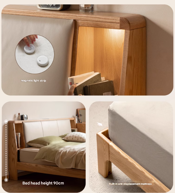 Solid Oak Wood Leather & Fabric Luminous Bed with Shelf - Modern Platform Bed Frame with Storage for Bedroom, Guest Room, or Dorm