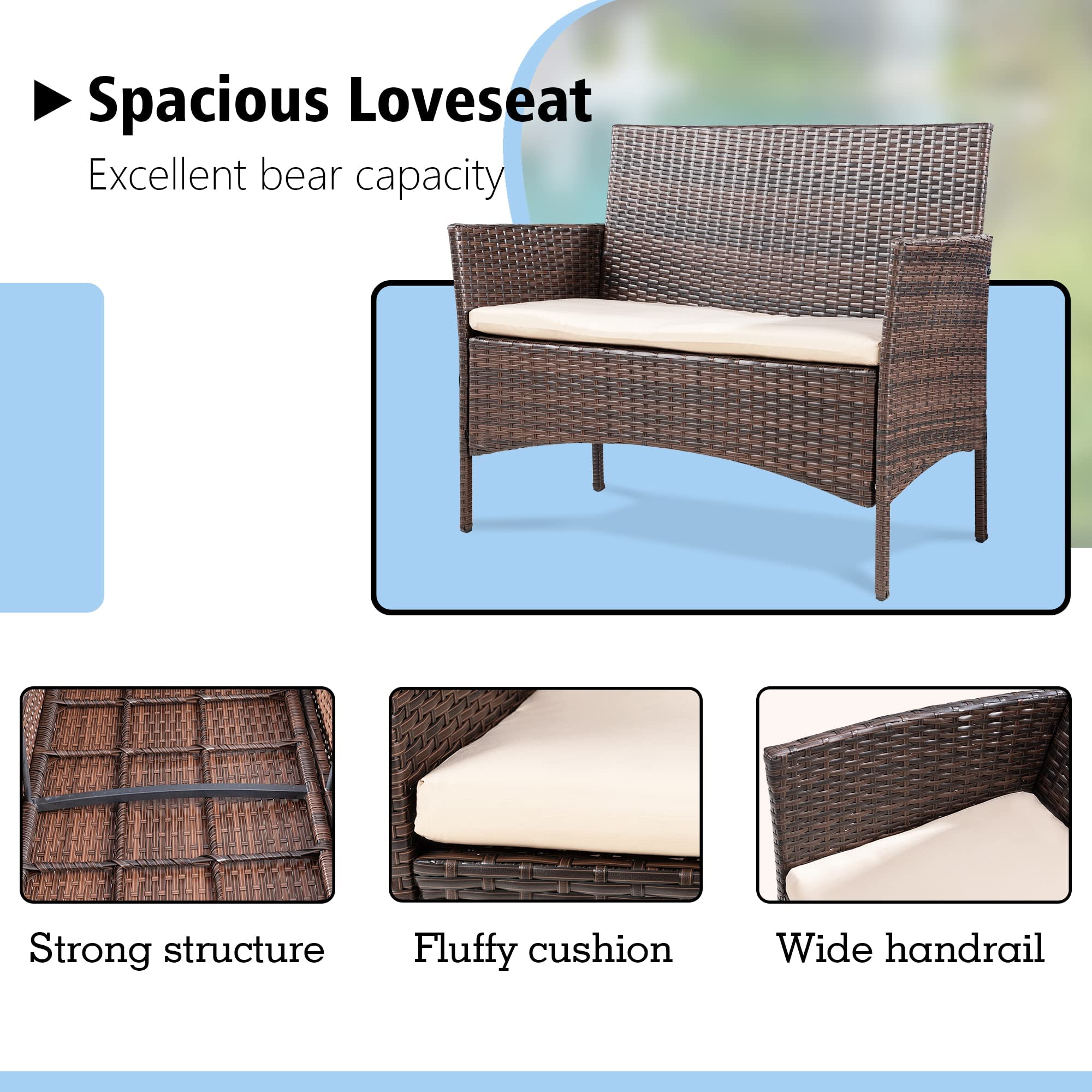 JAMFLY 4-Piece Brown Wicker Patio Furniture Set with Tempered Glass Coffee Table - Outdoor Rattan Conversation Set for Backyard, Porch, Garden, Poolside, Balcony - Perfect for Relaxing, Entertaining, and Lounging Outdoors