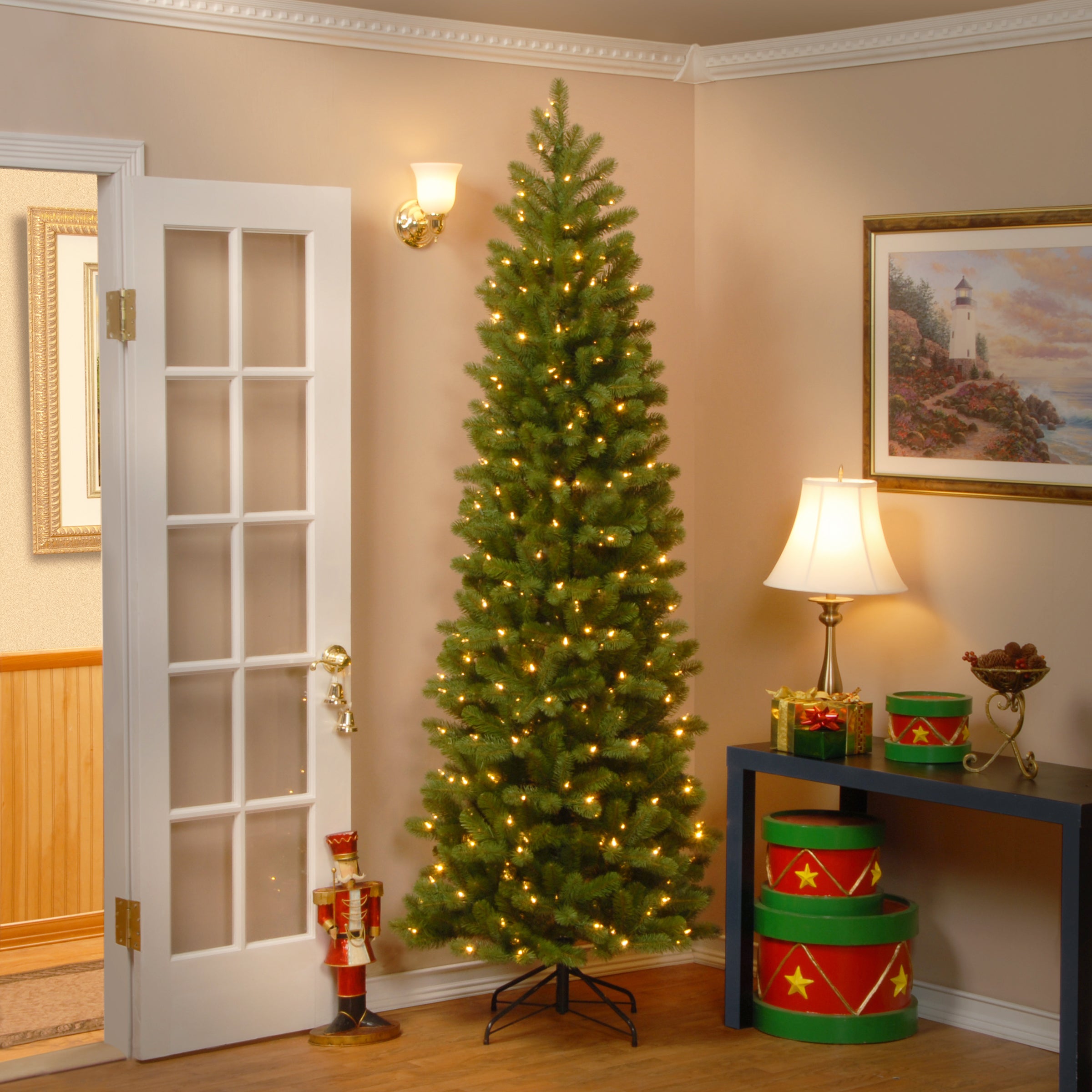 7.5 ft Pre-Lit Downswept Douglas Fir Pencil Slim Christmas Tree with Clear Lights - Perfect for Small Spaces & Holiday Decor