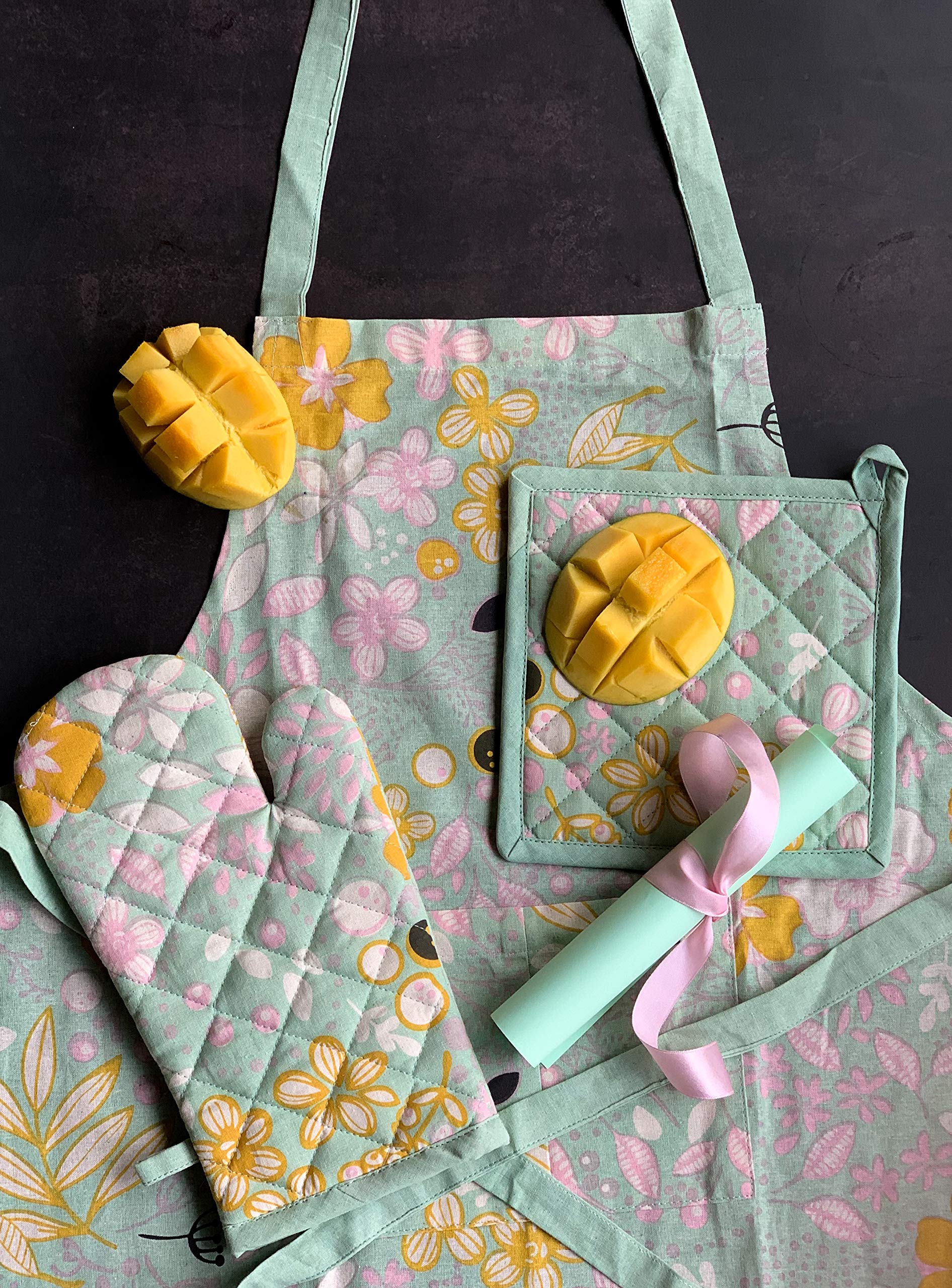 Organic Cotton Floral Print Apron Set with Oven Mitt & Pot Holder - Green | Kitchen Cooking Baking BBQ Accessories for Women & Men | Perfect for Home, Restaurant & Outdoor Grilling