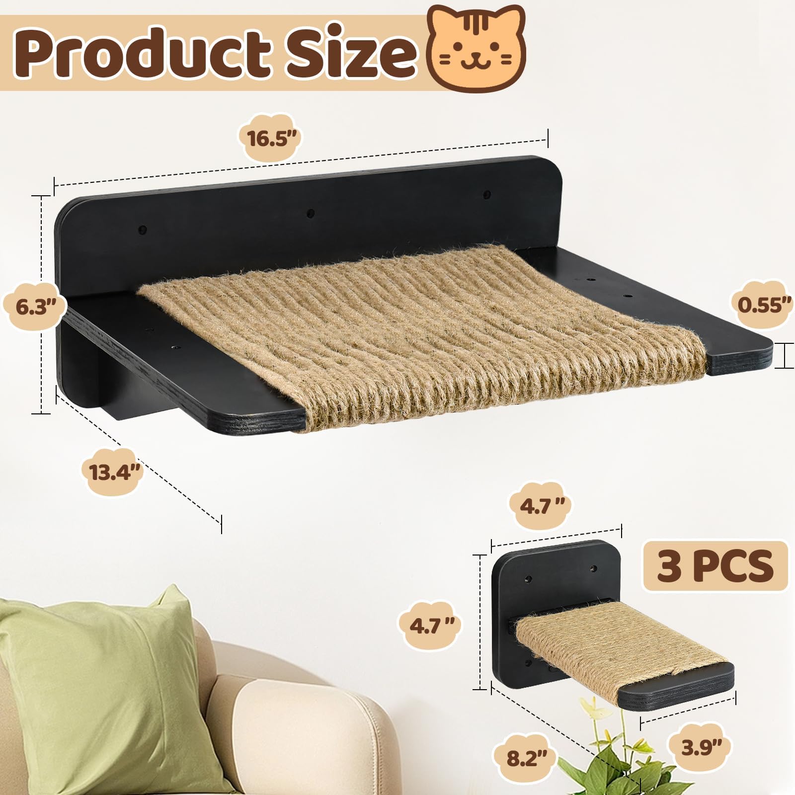 Premium Cat Wall Shelves & Hammock Set - 3-Tier Climbing Perches with Hemp Rope Scratching Posts | Wall-Mounted Cat Furniture for Indoor Cats | Perfect for Play, Rest & Vertical Space Exploration