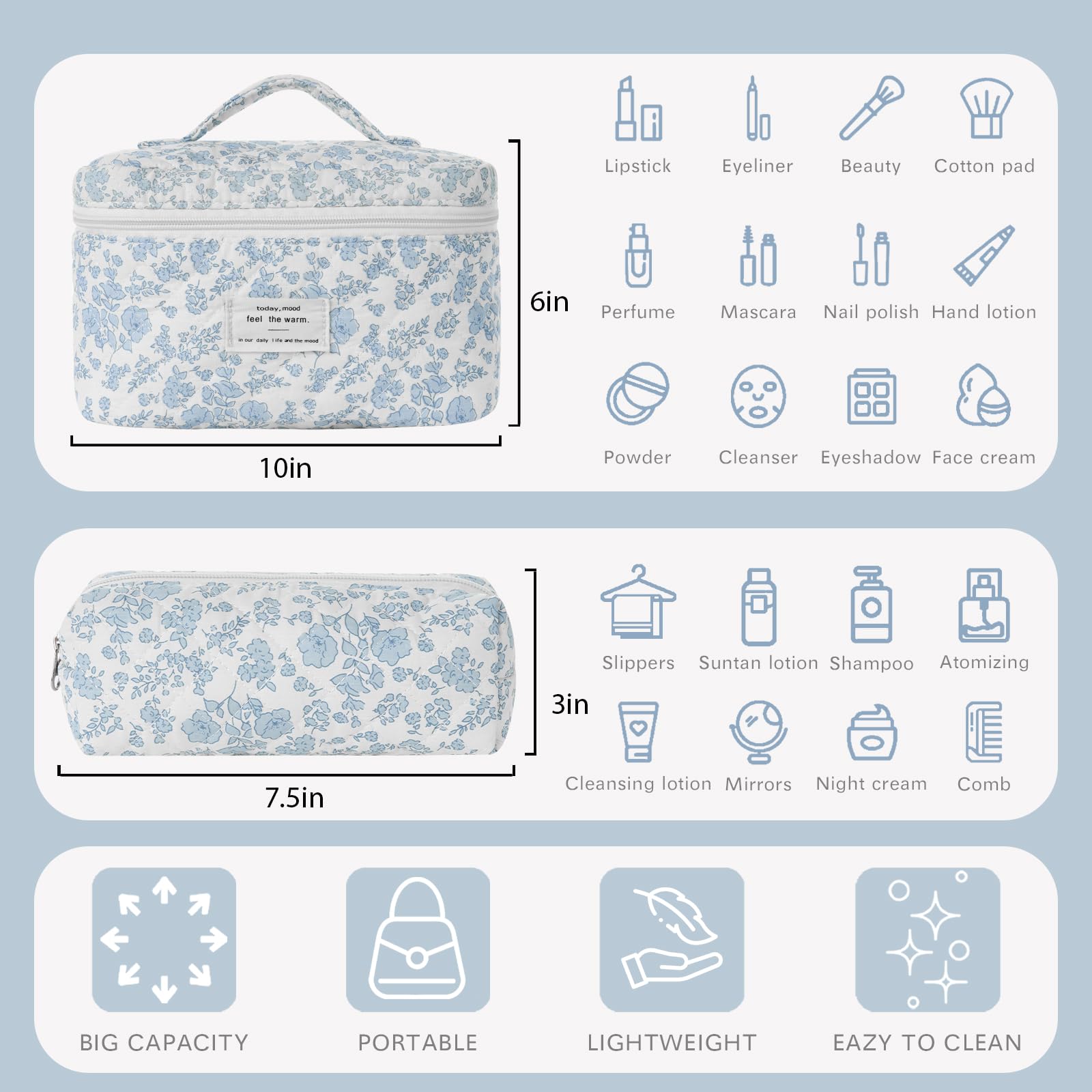 Floral Makeup Bag Set - Quilted Cotton Cosmetic Organizer for Travel & Toiletries | Coquette Aesthetic Flower Design | Perfect for Vacation, Gym, Bridal Shower & Daily Essentials Storage