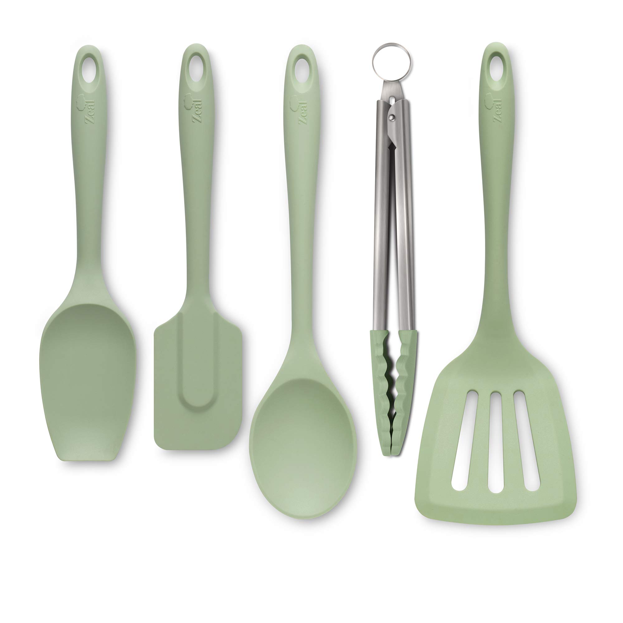 Zeal Non-Stick Silicone Cooking Utensil Set - 5-Piece Kitchen Tools with Heat-Resistant Spatula, Turner, Spoon & Tongs for Baking, Grilling, Frying (Sage Green) - Perfect for Nonstick Cookware & Everyday Cooking
