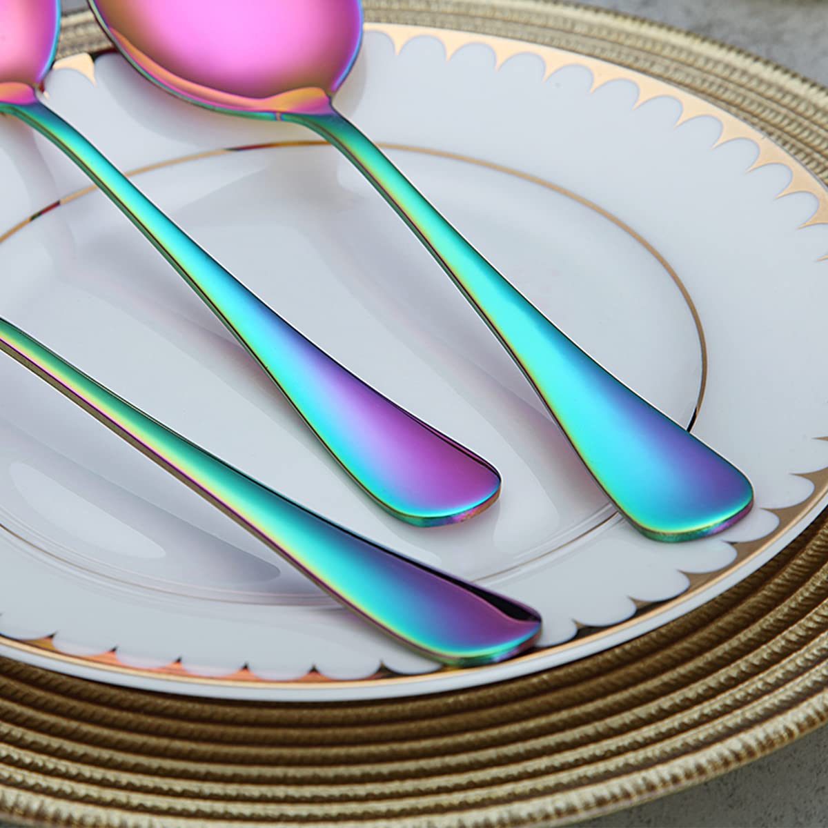 Rainbow Stainless Steel Serving Utensil Set - 12 Piece Kitchen Tools Including Serving Spoons, Slotted Spoons, Forks, Cake Server, Butter Knife & Tongs - Dishwasher Safe for Parties, BBQs & Family Dinners