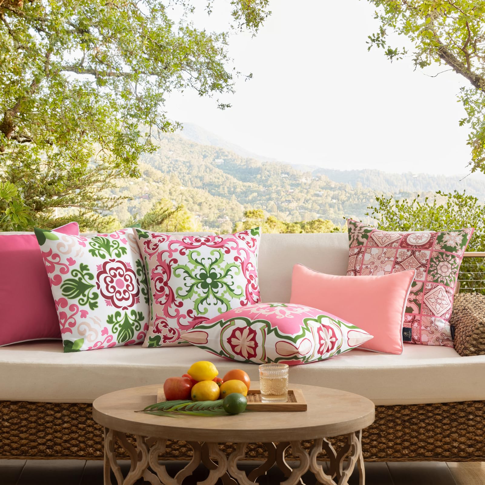 Phantoscope Set of 4 Waterproof Outdoor Throw Pillow Covers - 18x18 Inch Boho Geometric Decorative Cushion Cases for Patio Furniture, Garden, Tent & Farmhouse Decor (Pink/Green Fig Pattern) | Weather-Resistant & UV Protection for Outdoor Use