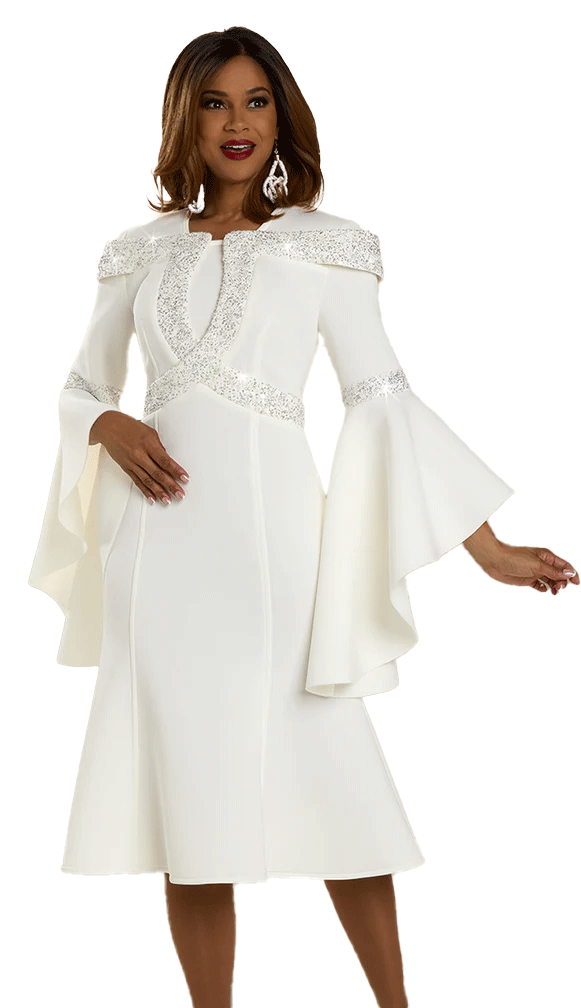 Donna Vinci Church Dress 12129 - Elegant Off White Lace Formal Dress for Women | Perfect for Weddings, Sunday Services & Special Occasions