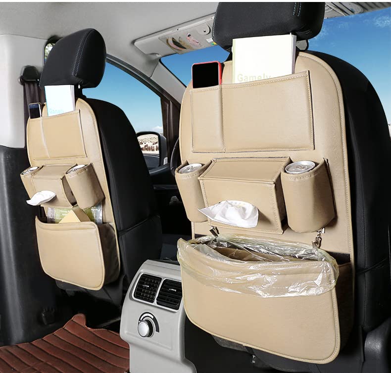 Premium Leather Car Seat Storage Bag - Hanging Rear Seat Organizer with Kick Mats for All Vehicles (Beige) | Perfect for Road Trips, Baby Essentials & Daily Commute