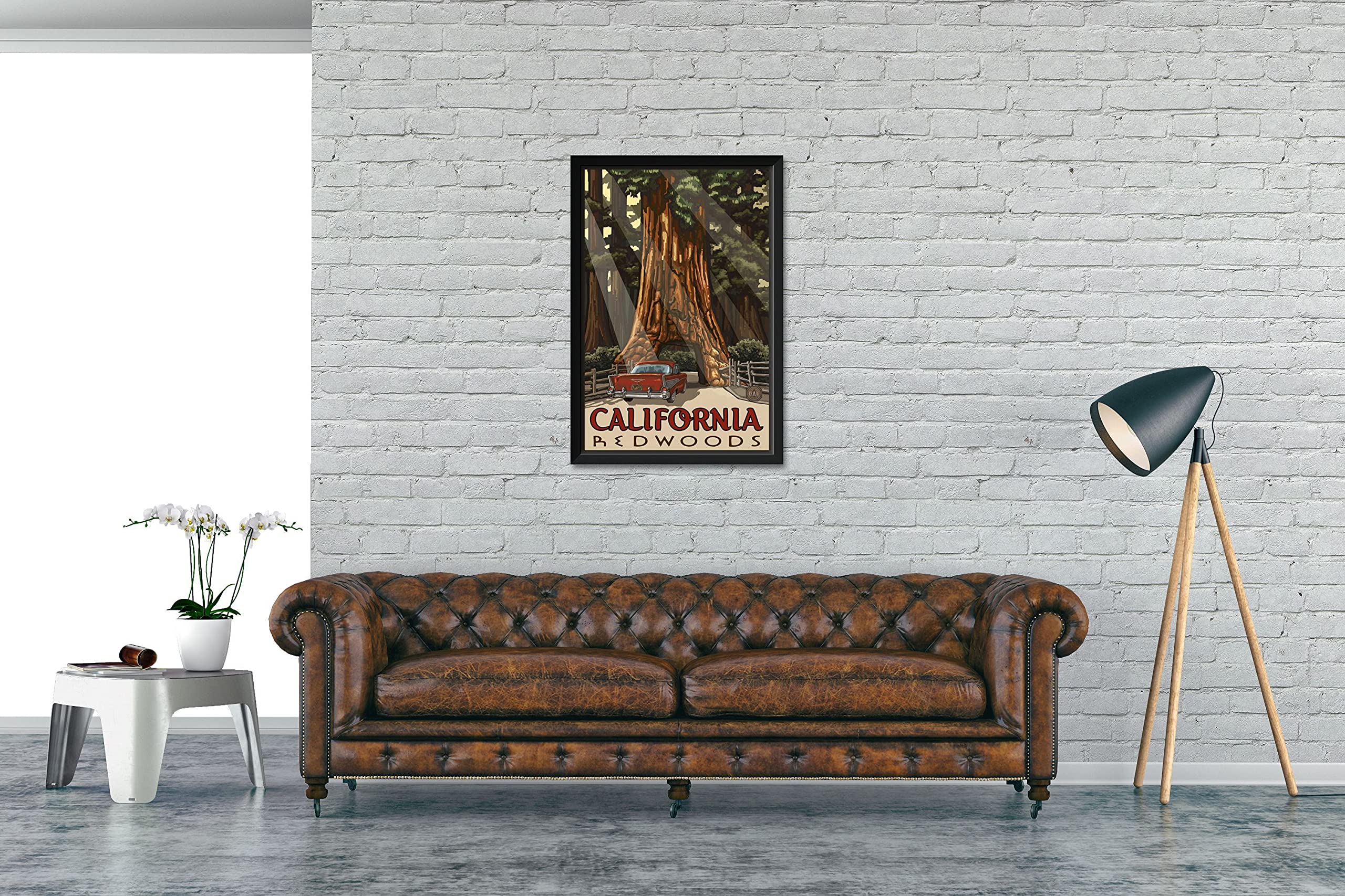 California Redwoods Car Thru Tree Framed Art Print - 26x38 Inch Wall Decor by Paul A. Lanquist | Perfect for Living Room, Office & Travel Lovers Home Decor