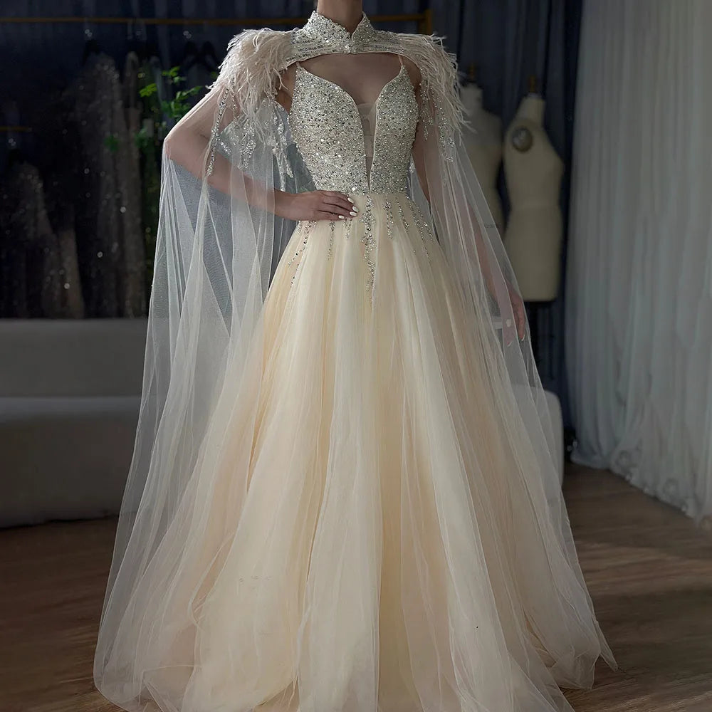 Luxury Dubai Arabic Beige A-Line Feather Cape Beaded Saudi Evening Gown for Formal Occasions - Elegant Wedding, Gala & Red Carpet Dresses LA72722