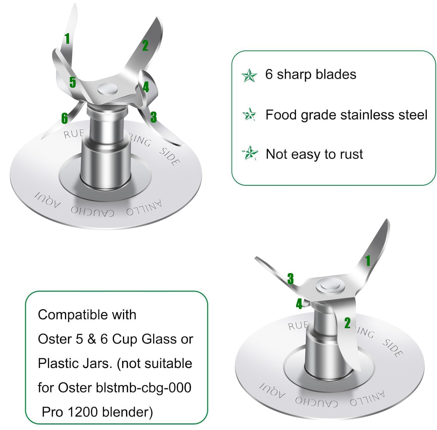 Oster Blender Replacement Parts - 6 Cup Glass Jar with Lid, 4961 4-Point Ice Crushing Blade, 4902 Base Cap & Gasket - Compatible with Oster & Osterizer Blenders - Perfect for Smoothies, Ice Crushing & Food Prep
