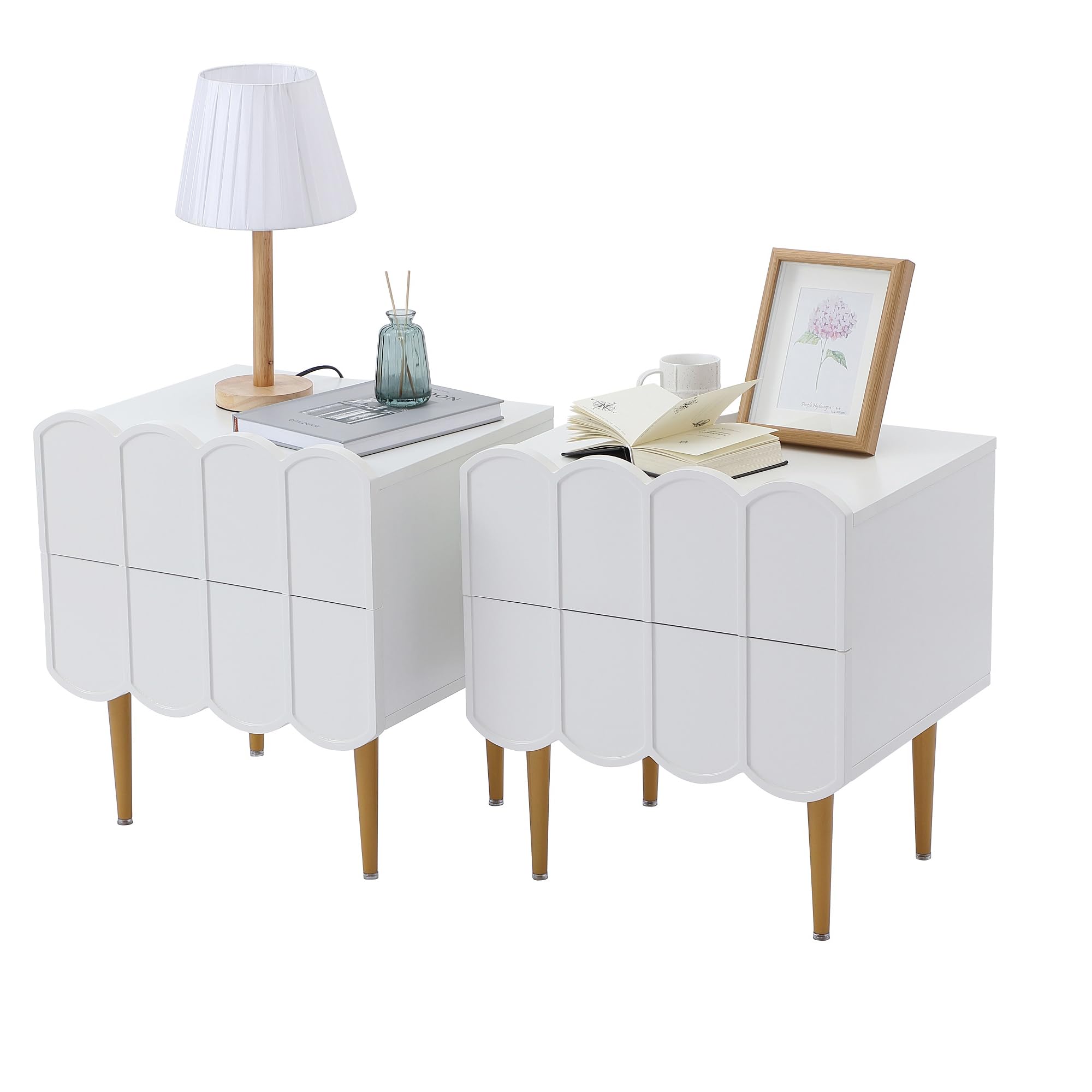 Modern Nightstand Set of 2 - White Bedside Tables with Drawers for Bedroom, Storage End Tables for Living Room - White/Gold Finish - Perfect for Small Spaces, Guest Rooms & Apartment Decor