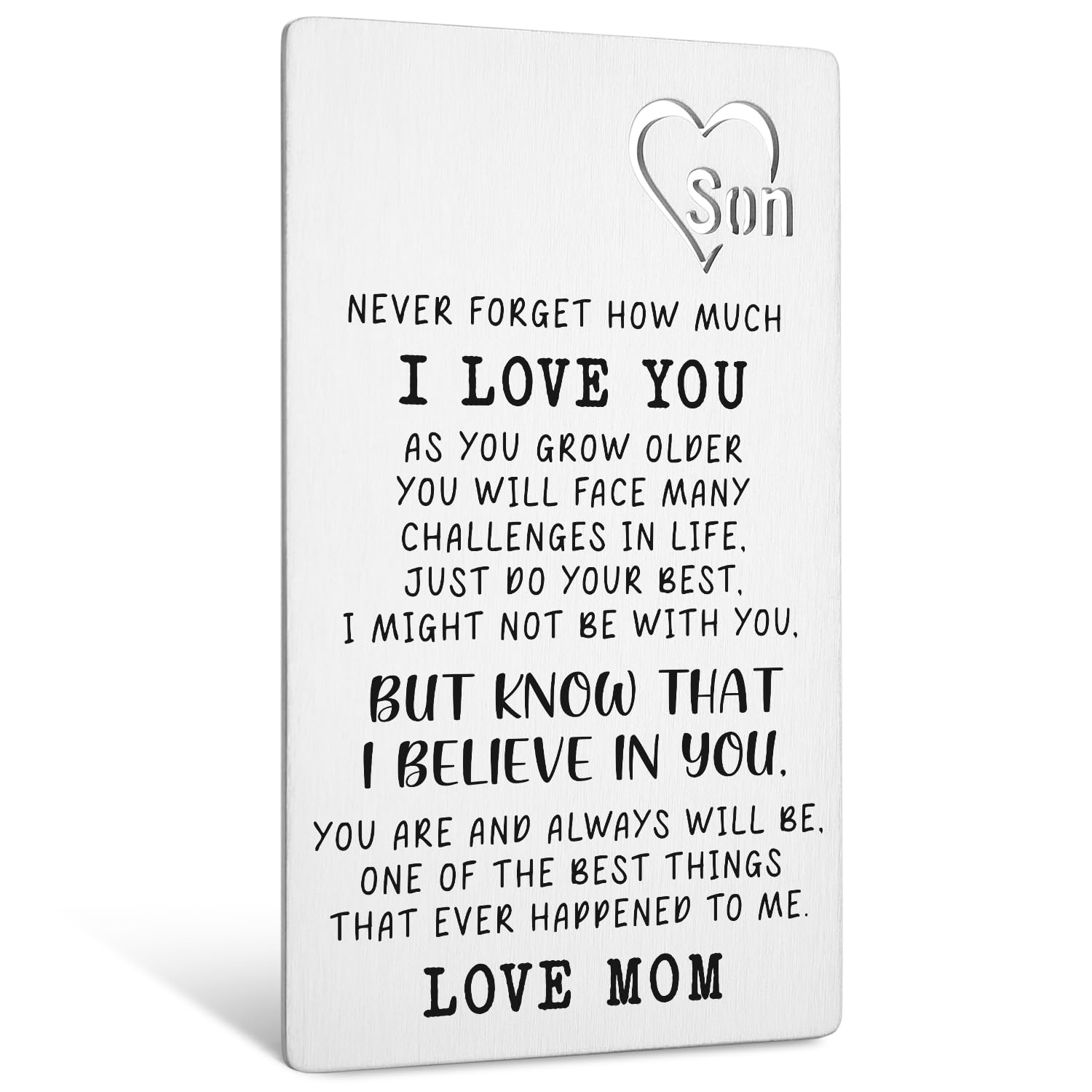 TRCENDE Engraved Metal Card for Son - Inspirational Gift from Mom for Graduation, Birthday & Christmas