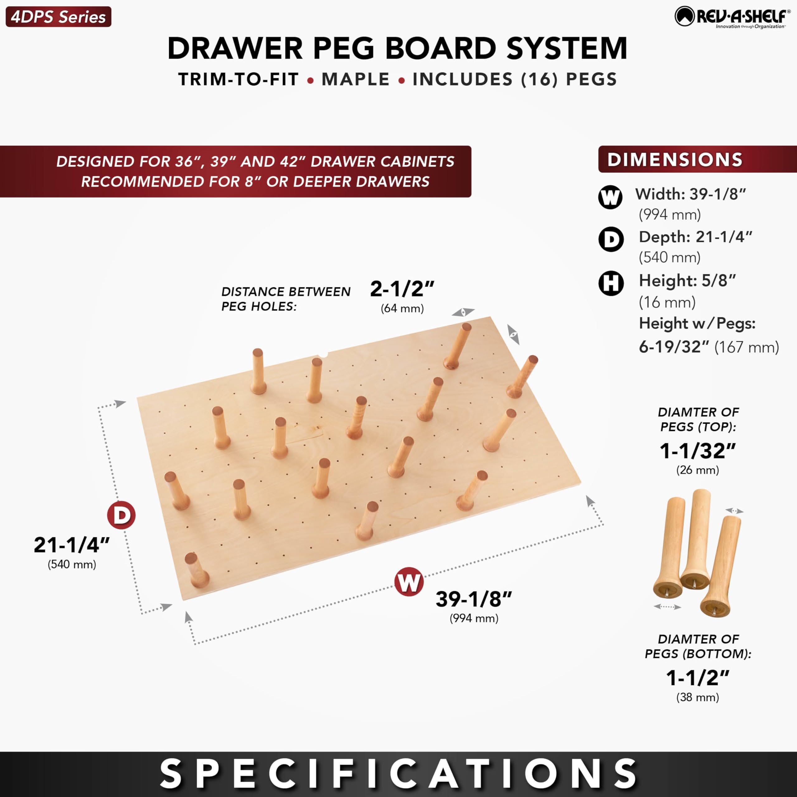 Rev-A-Shelf Pegboard Drawer Organizer - Adjustable Wooden Kitchen Cabinet Storage for Utensils, Pots & Dishes - 39