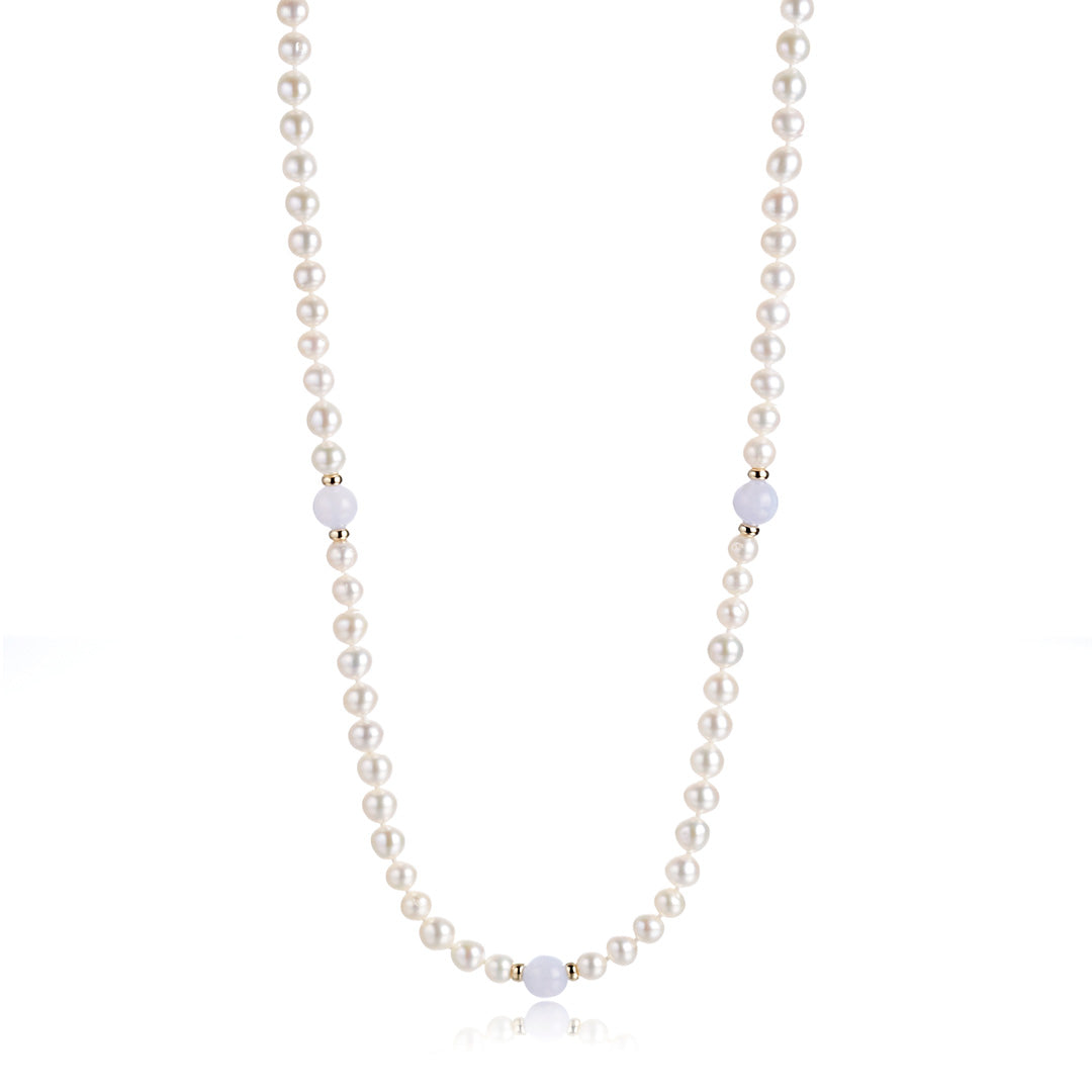 Elegant Pearl & Blue Lace Agate Rope Necklace for Women - Handmade Boho Chic Jewelry - Perfect for Weddings, Parties & Everyday Wear