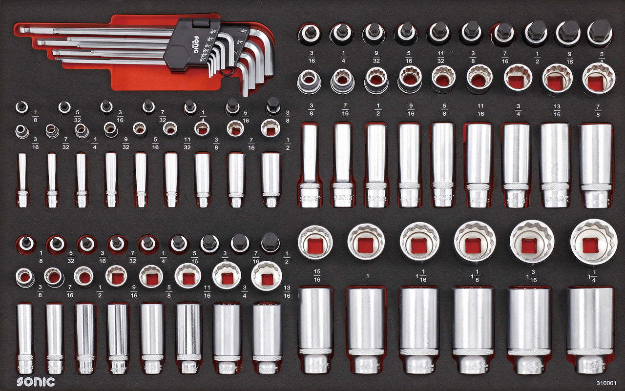 100-Piece SAE Socket Set (1/4, 3/8, 1/2 Inch) with Sonic Foam System - Professional Mechanics Tool Kit for Automotive Repair & DIY Projects