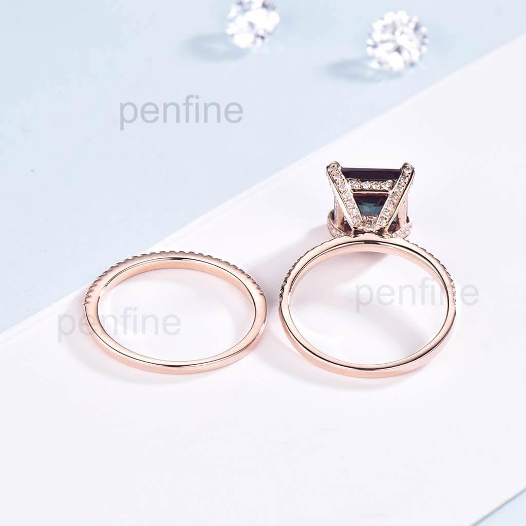 Princess Cut Alexandrite Diamond Engagement Ring Set with Claw Prong Setting - 2 Piece Bridal Jewelry Set for Proposals, Weddings & Anniversaries