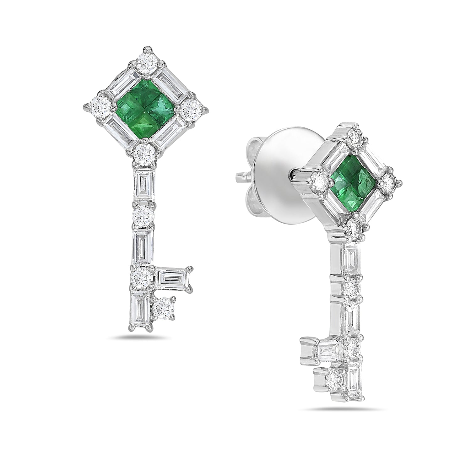 Exquisite Baguette Diamond Square Emerald Designer Key Earrings in 14K White Gold – Perfect for Weddings, Parties & Special Occasions