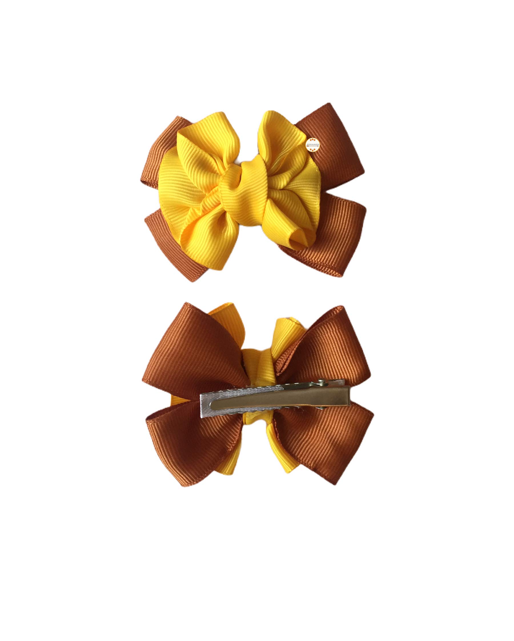 Handmade Ribbon Bow Hair Clips for Toddler Baby Girls & Women - Alligator Hair Pins Set of 2 (Yellow & Brown) - Perfect for Parties, School, and Everyday Hair Accessories