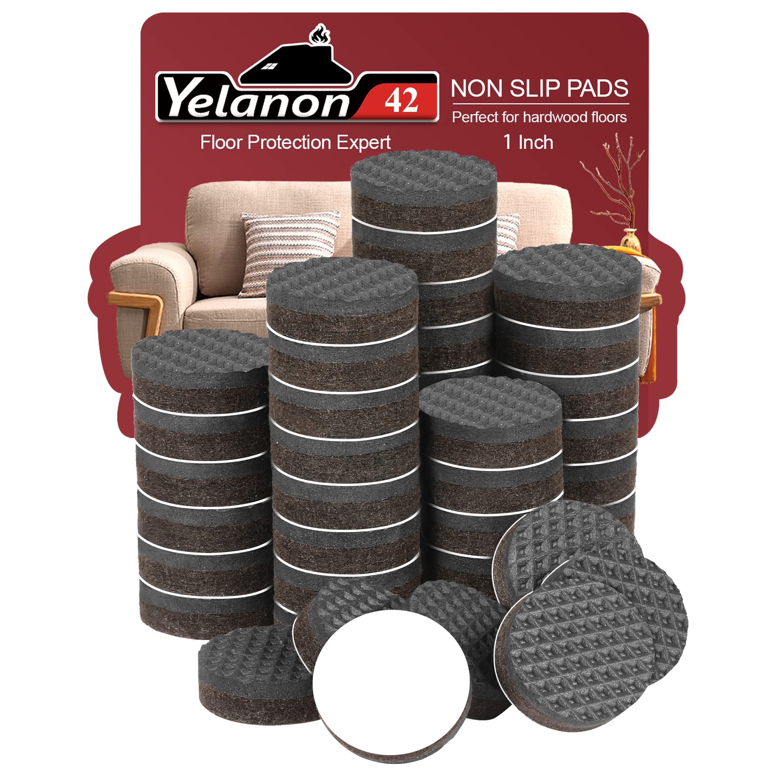Yelanon Non Slip Furniture Pads - 42 Pack 1 Inch Self Adhesive Rubber Grippers for Chair Legs, Couch Stoppers - Protects Hardwood Floors from Scratches (Perfect for Living Room, Bedroom & Office Furniture)