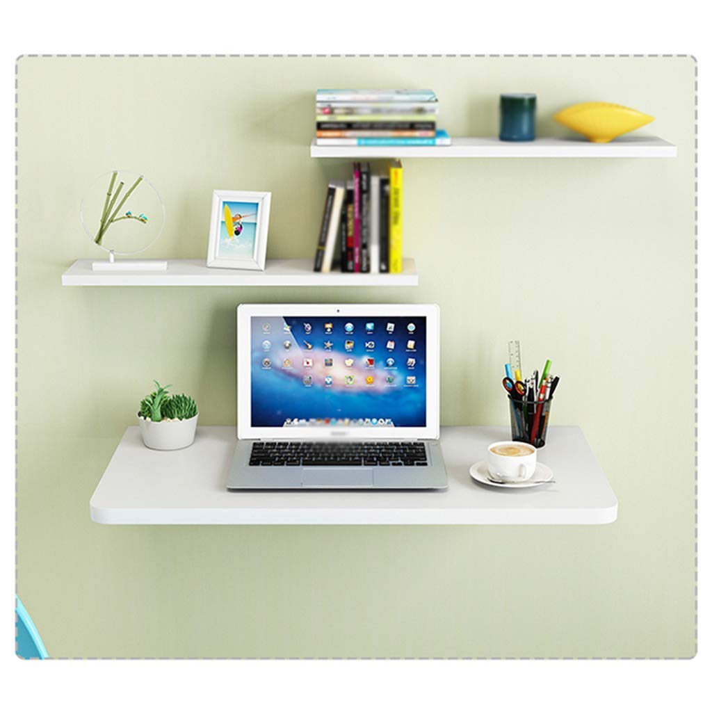 JYCCH White Folding Wall-Mounted Drop-Leaf Table - 50x30cm/20x12in Solid Wood Computer Desk & Dining Table with Double Support - Space-Saving Wall Hanging Side Table for Small Apartments, Home Office & Kitchen Use