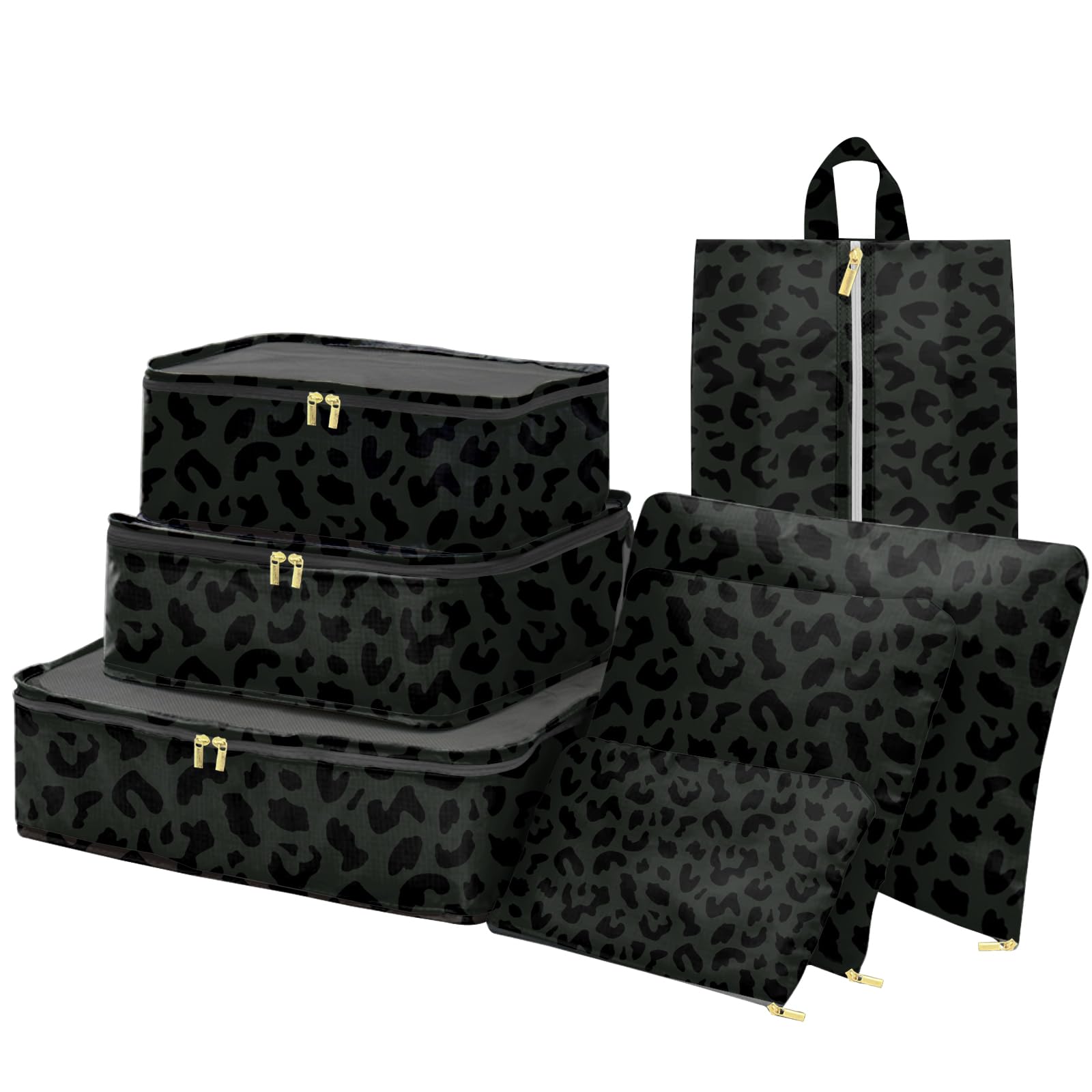 7-Piece Travel Packing Cubes Set - Luggage Organizers with Shoe Bag for Women & Girls | Black Leopard Cheetah Print | Perfect for Weekend Trips, Business Travel & Vacation Packing