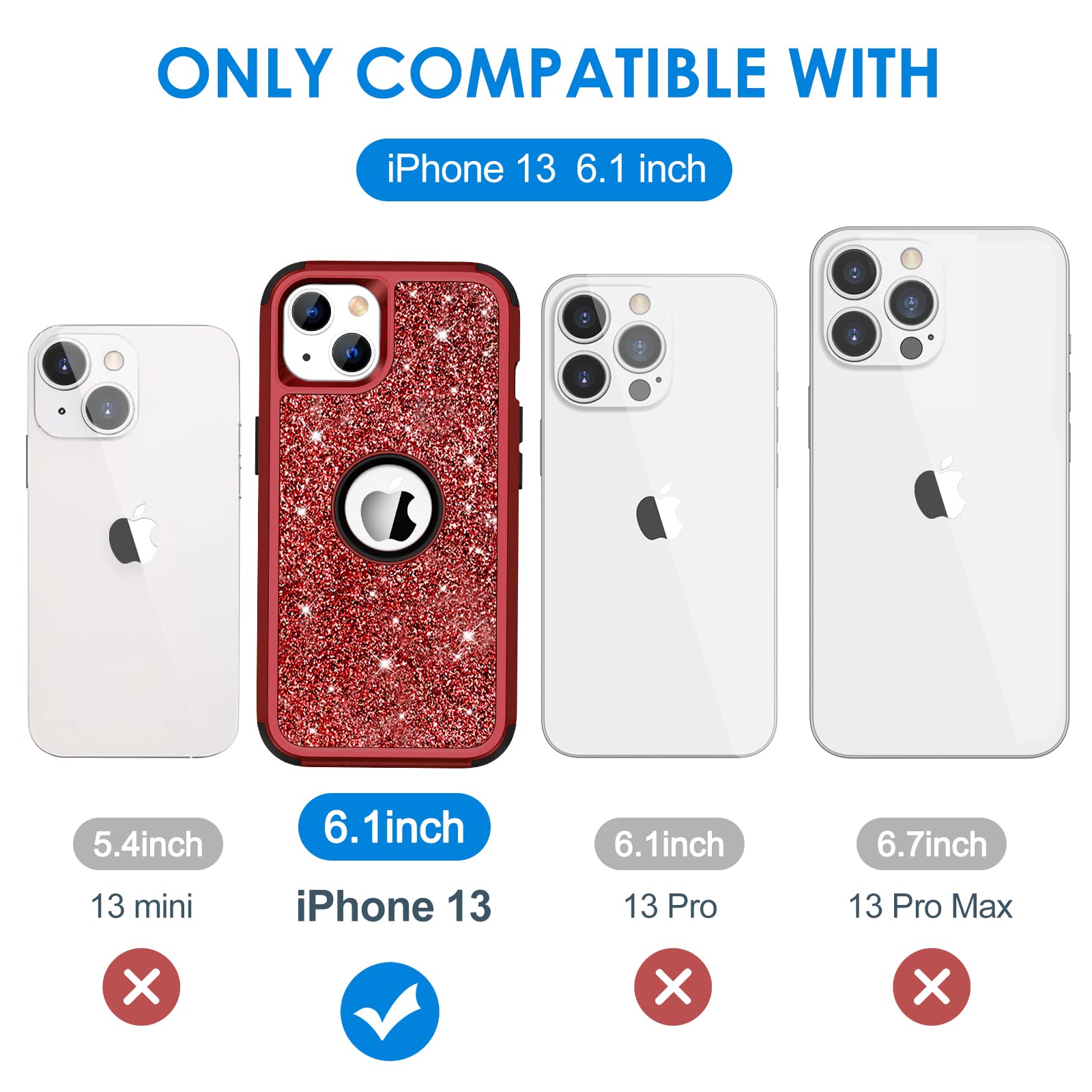 Hython Glitter iPhone 13 Case - Sparkly Shiny Bling Protective Cover with 3-in-1 Hybrid Design (Hard PC + Soft TPU) | Shockproof Full Body Protection for Women & Girls | Perfect for Everyday Use, Parties & Gifts (Red)