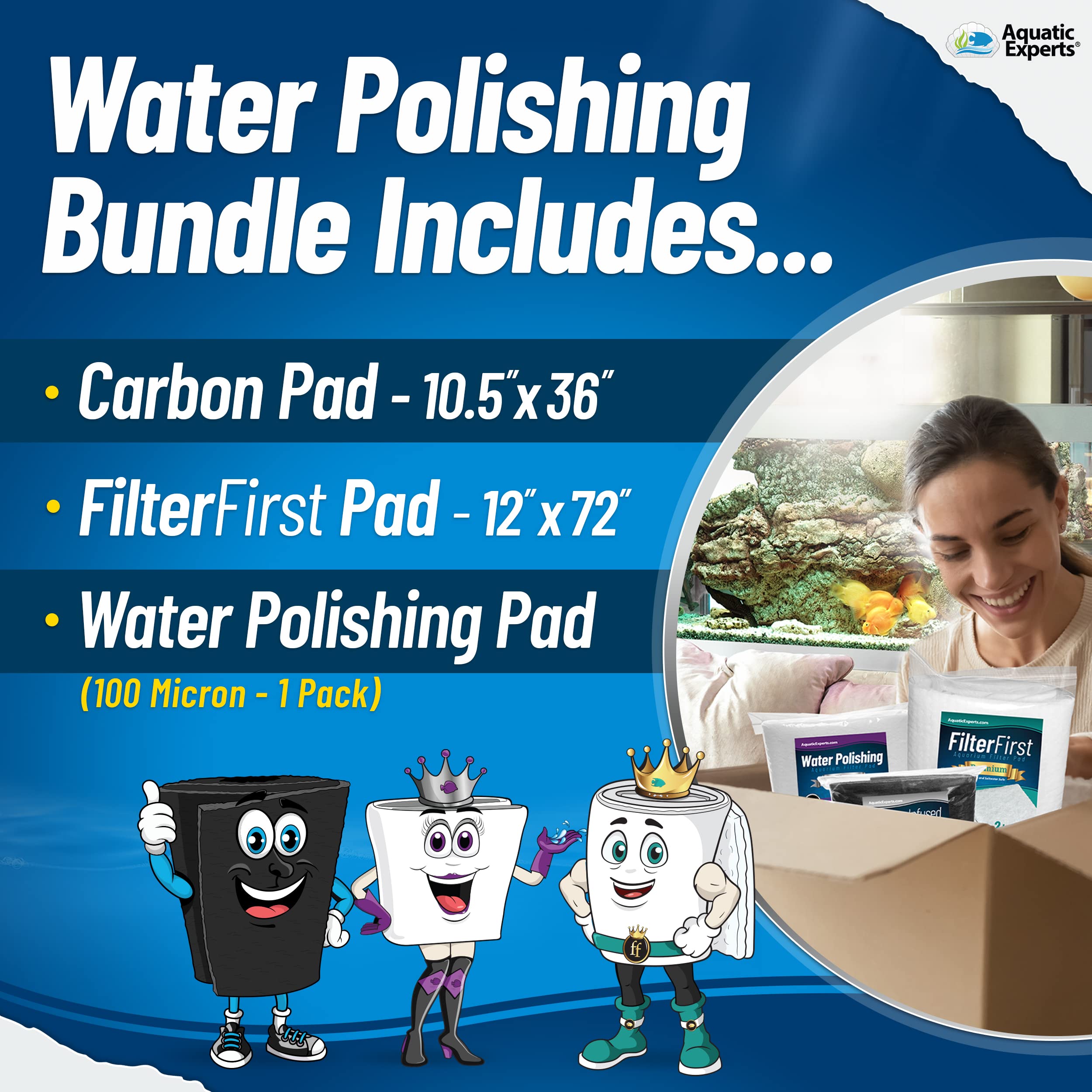 Aquatic Experts Aquarium Filter Media Bundle - 100 Micron Polishing Pad, Carbon Pad & Filter Floss for Crystal Clear Water | Perfect for Freshwater & Saltwater Fish Tanks, Reef Aquariums & Aquatic Plant Tanks