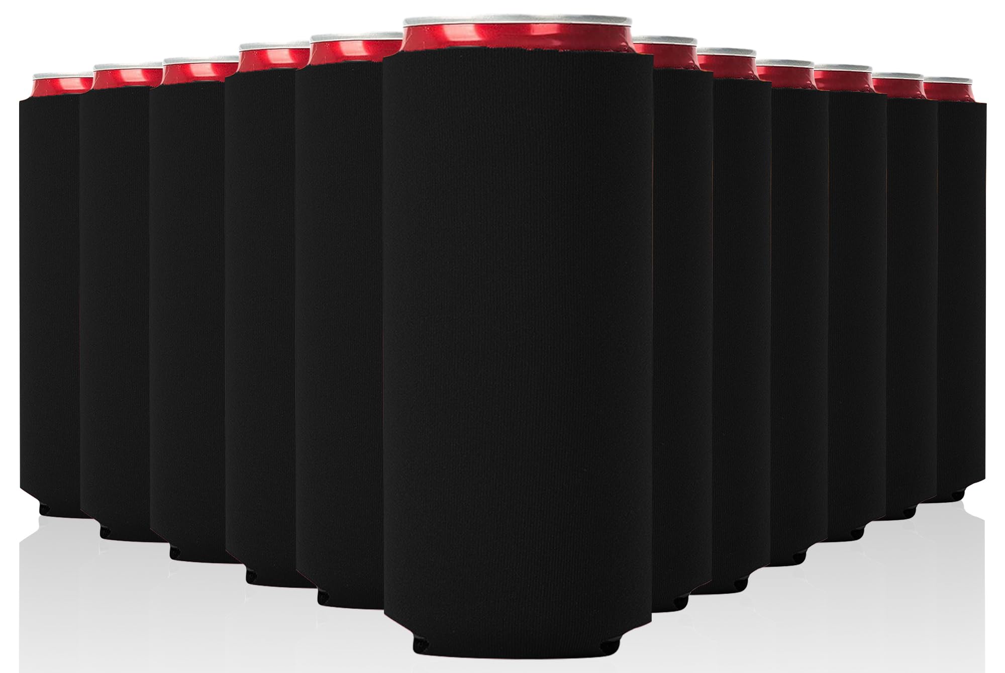 12 Pack Slim Neoprene Can Cooler Sleeves - Foldable Insulated Beverage Holders for 12oz Beer & Soda Cans - Sublimation Ready Blank Skinny Coolers (Black) - Perfect for Parties, BBQs, Camping and Outdoor Events