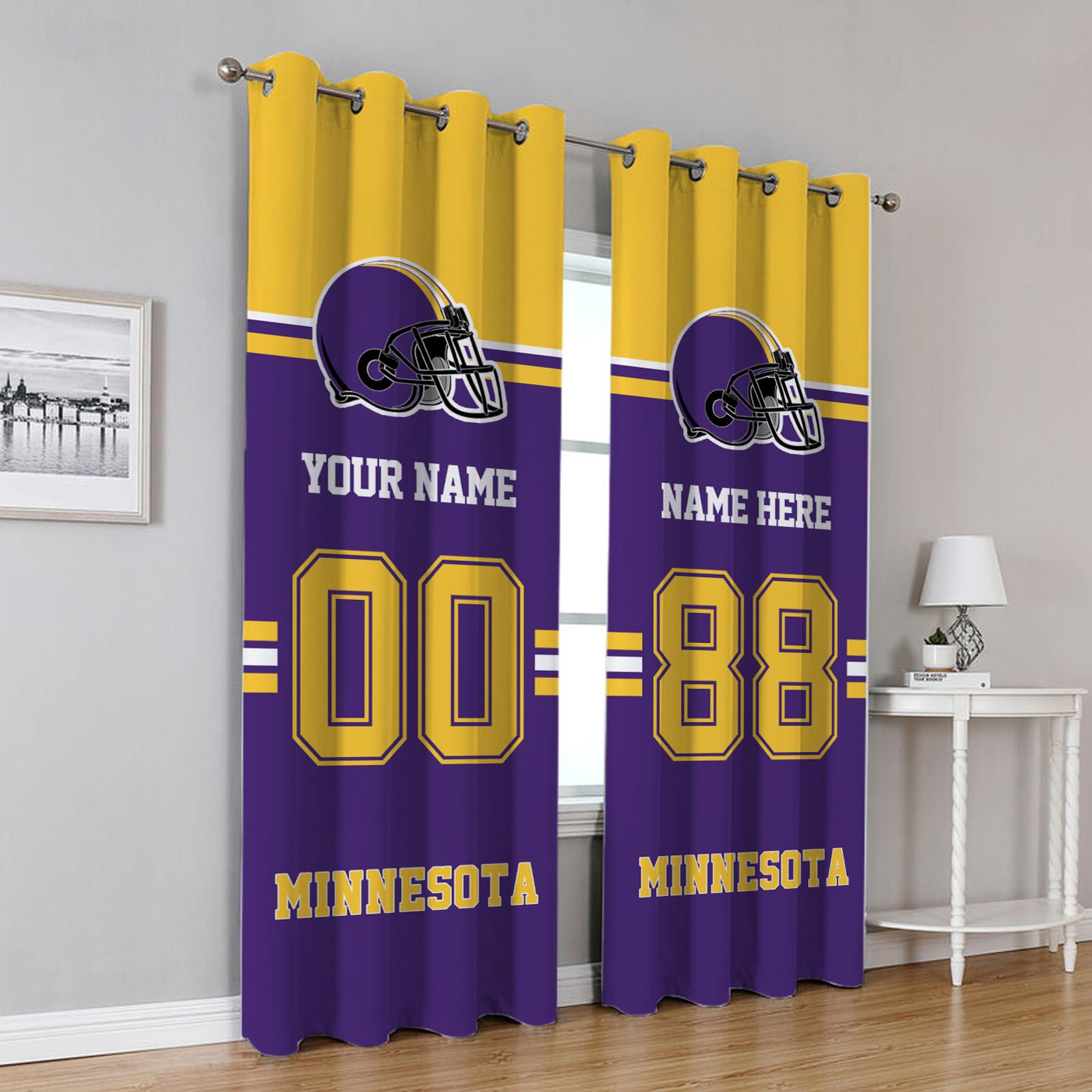 Custom Minnesota Blackout Curtain Panels with Name & Number - Personalized Football Style Bedroom Drapes for Men Fans (Set of 2 Panels) - Perfect for Game Rooms, Man Caves & Sports Themed Bedrooms