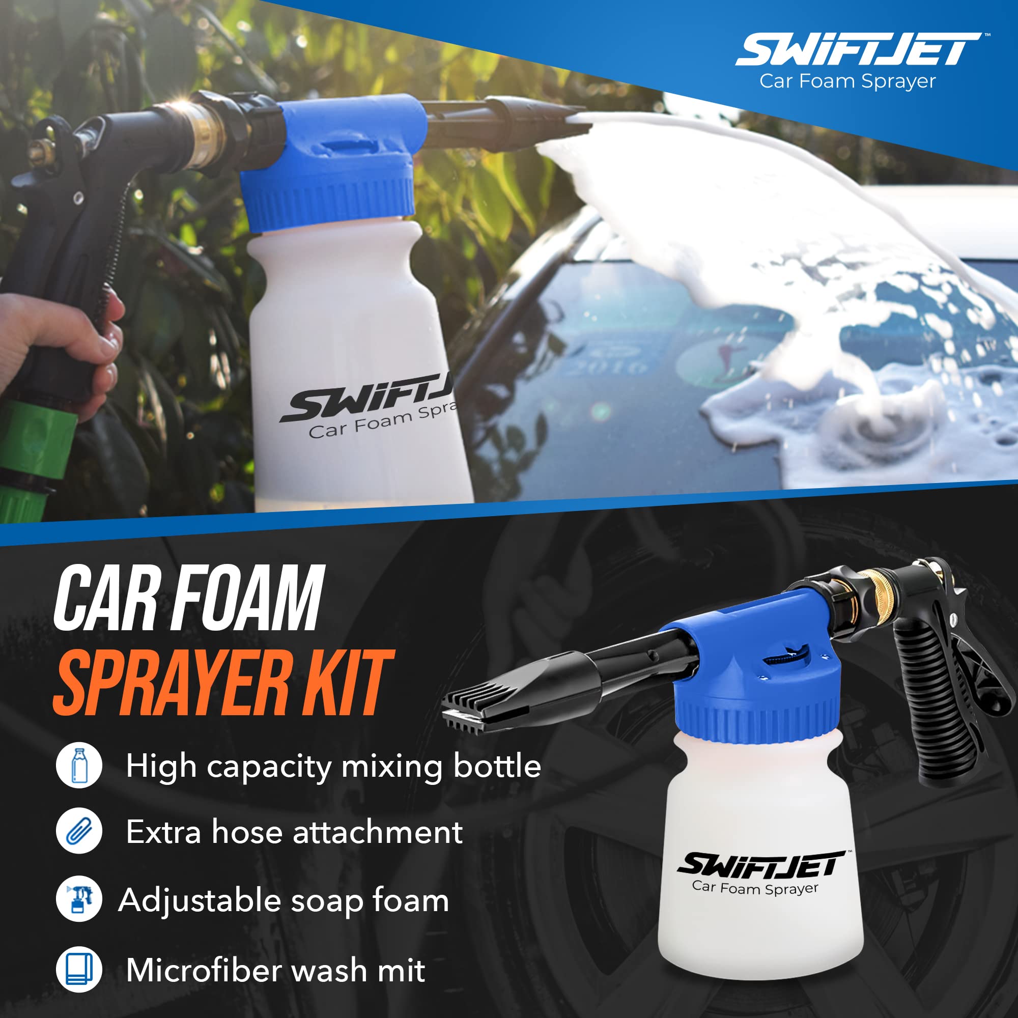 Premium Car Wash Foam Gun with Microfiber Mitt - High Pressure Foam Cannon Sprayer Kit for Auto Detailing - Garden Hose Snow Foam Blaster - Best Car Cleaning Accessories for Men & Women (Blue) - Perfect for Home Car Washing, Driveway Cleaning & Vehicle Maintenance