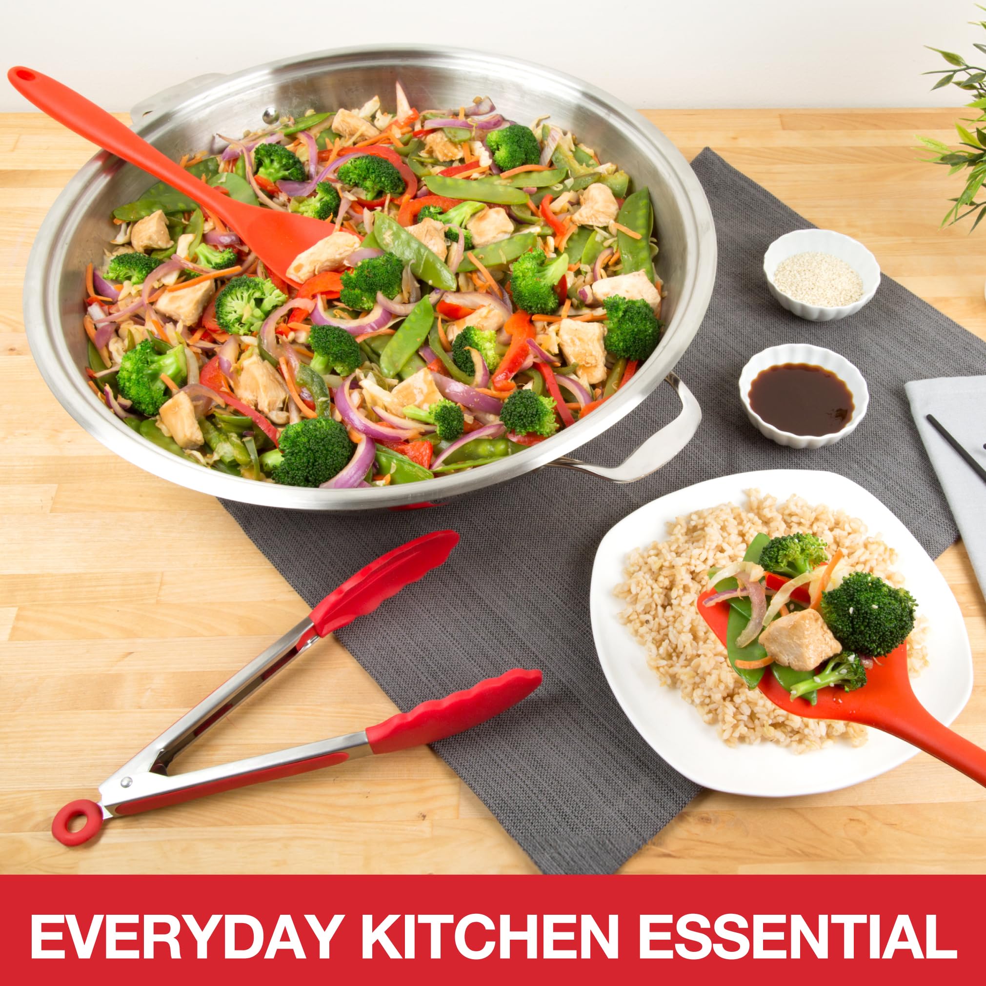 Premium 10-Piece Silicone Kitchen Cooking Utensil Set with Bamboo Holder - Non-Stick, Heat Resistant Spatula, Spoon, Slotted Spoon, Tongs, Basting Brush, Whisk & Ladle - Perfect for Baking, Frying & Hosting Gifts