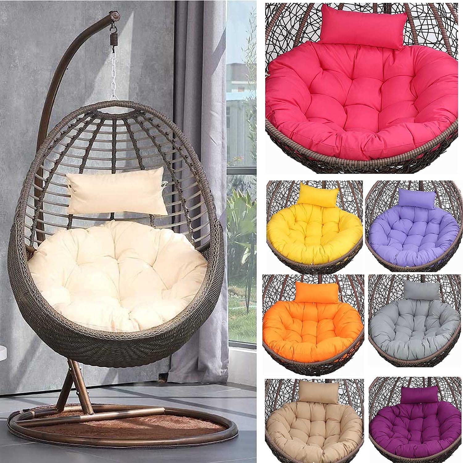 Replacement Egg Chair Cushion - Thickened Round Outdoor Hanging Swing Seat Cushion with Adjustable Headrest | Washable Garden Hammock Chair Pad (Rose Red) for Patio, Backyard & Poolside Relaxation