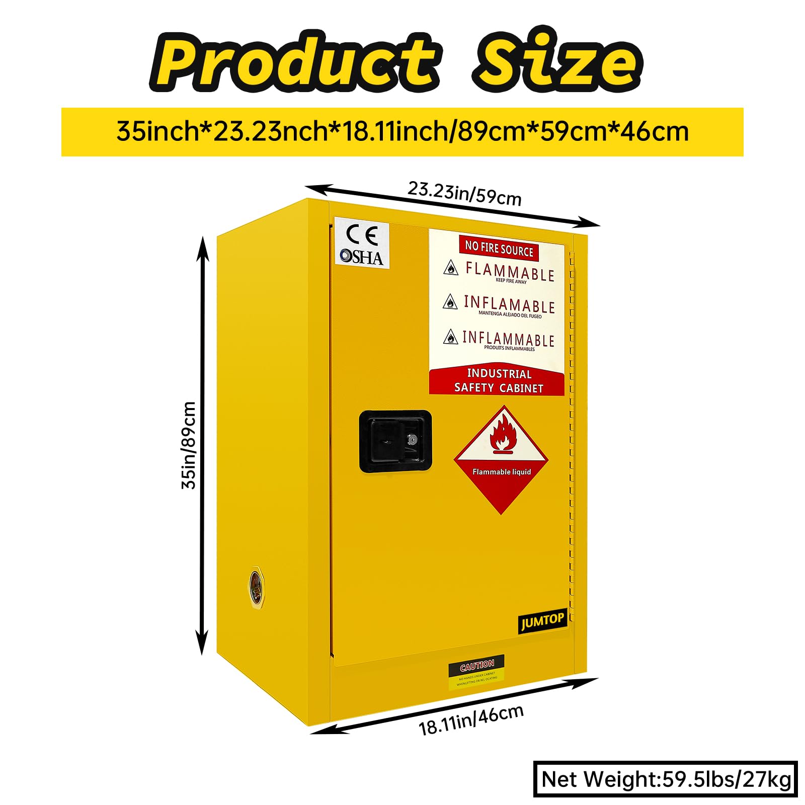 **28 Gallon Flammable Safety Storage Cabinet - Fireproof Yellow Galvanized Steel Cabinet for Industrial Chemicals & Hazardous Materials (18.11