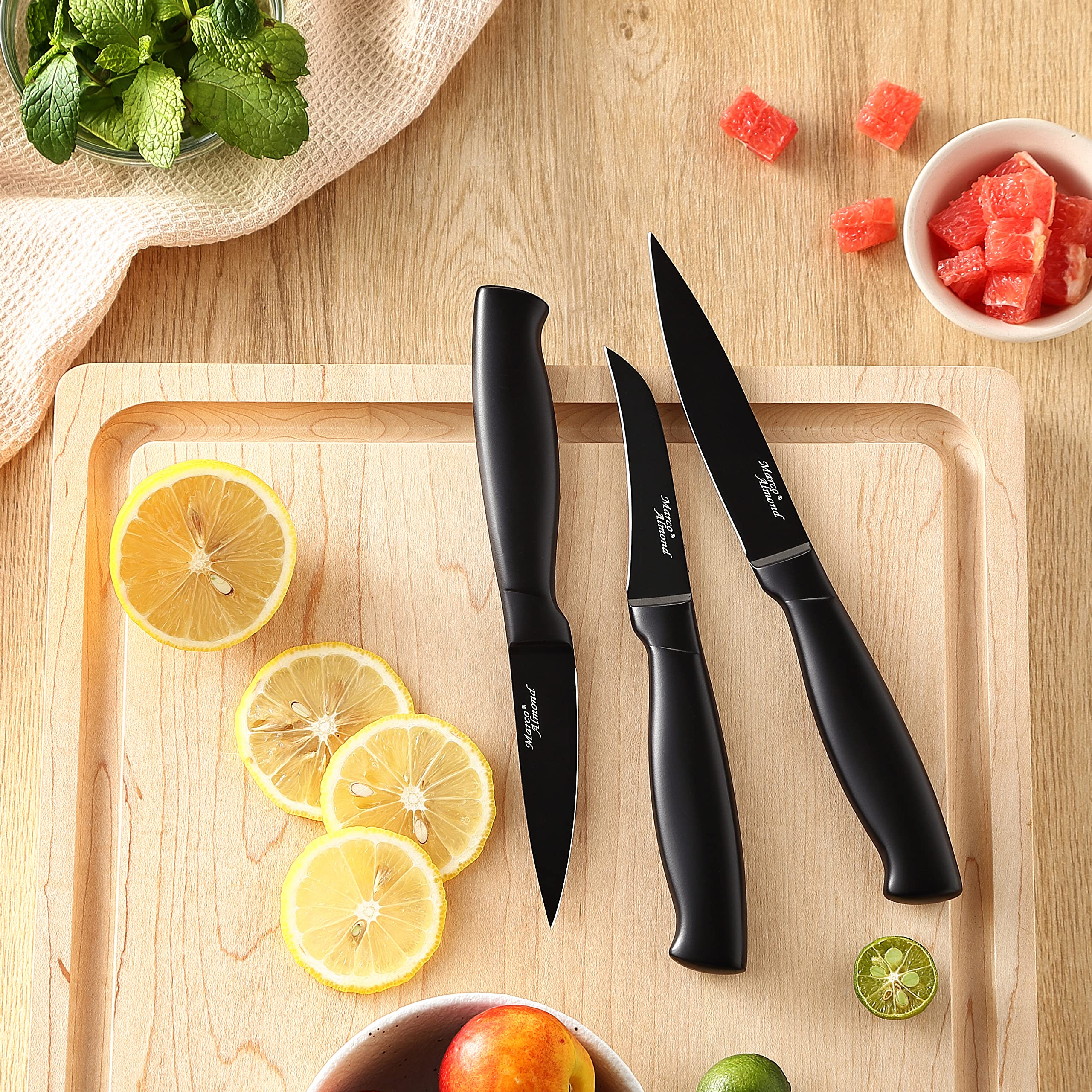 Marco Almond® 17-Piece Stainless Steel Kitchen Knife Set with Block & Sharpener MA23 – Professional Chef Knives for Cooking, Slicing, Dicing – Perfect for Home Kitchens & Culinary Enthusiasts